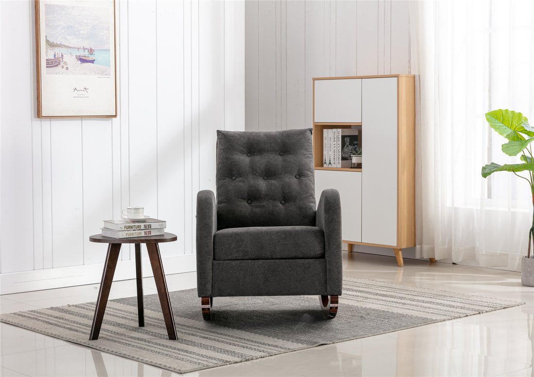 High Back Rocking Chair Nursery Chair .Comfortable Rocker Fabric Padded Seat .Modern High Back Armchair Dark Gray Polyester