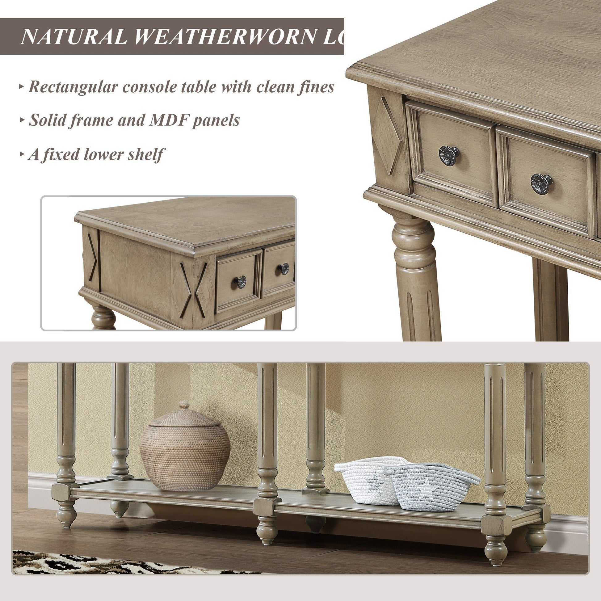 Retro Console Table Entryway Table 58" Long Sofa Table With 2 Drawers In Same Size And Bottom Shelf For Storage Rustic Rustic Brown Solid Wood