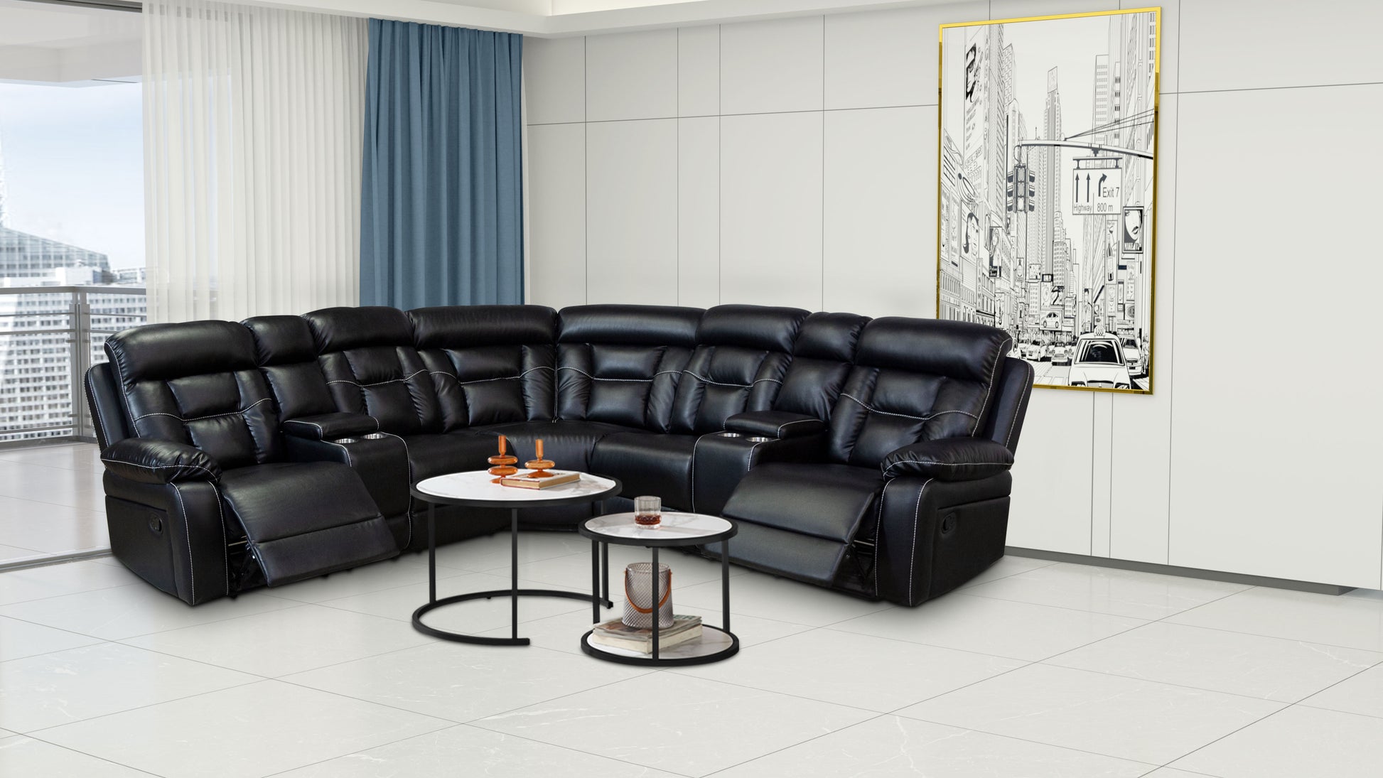 Manual Reclining Sofa Faux Leather Sofa Set Black Black Pu 5 Seat