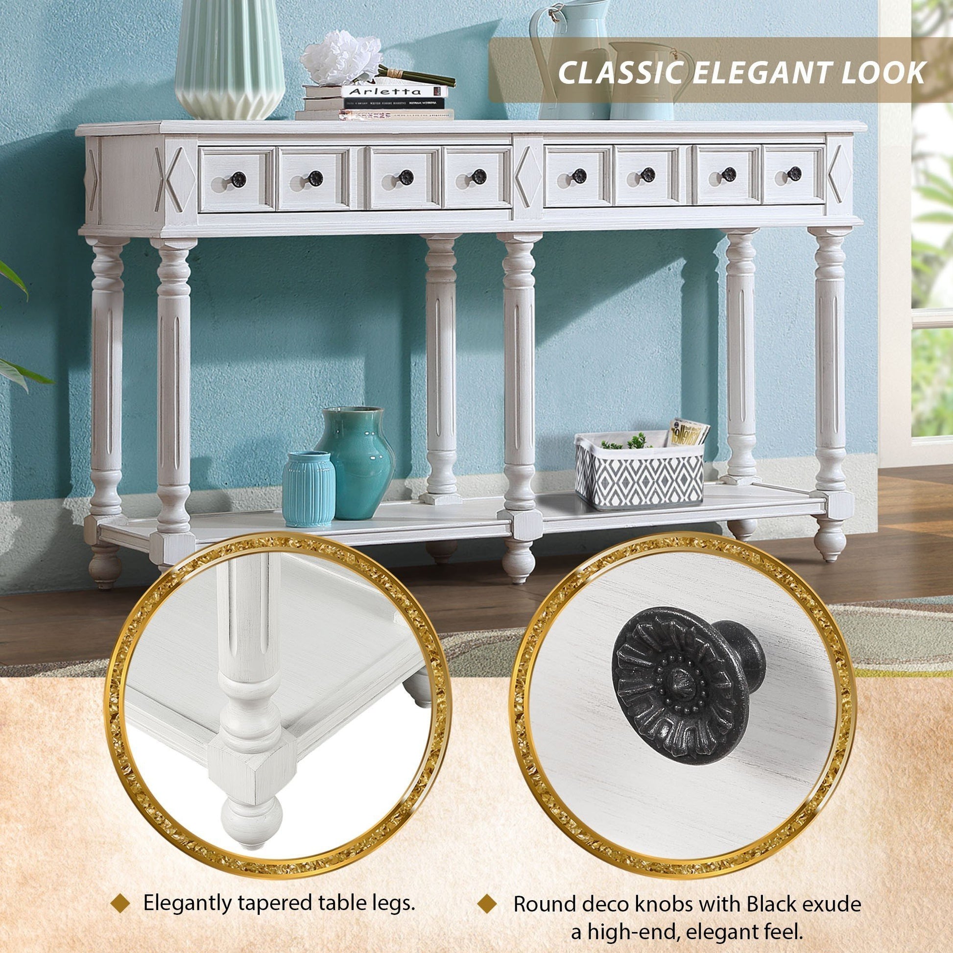 Retro Console Table Entryway Table 58" Long Sofa Table With 2 Drawers In Same Size And Bottom Shelf For Storage Antique White Antique White Solid Wood