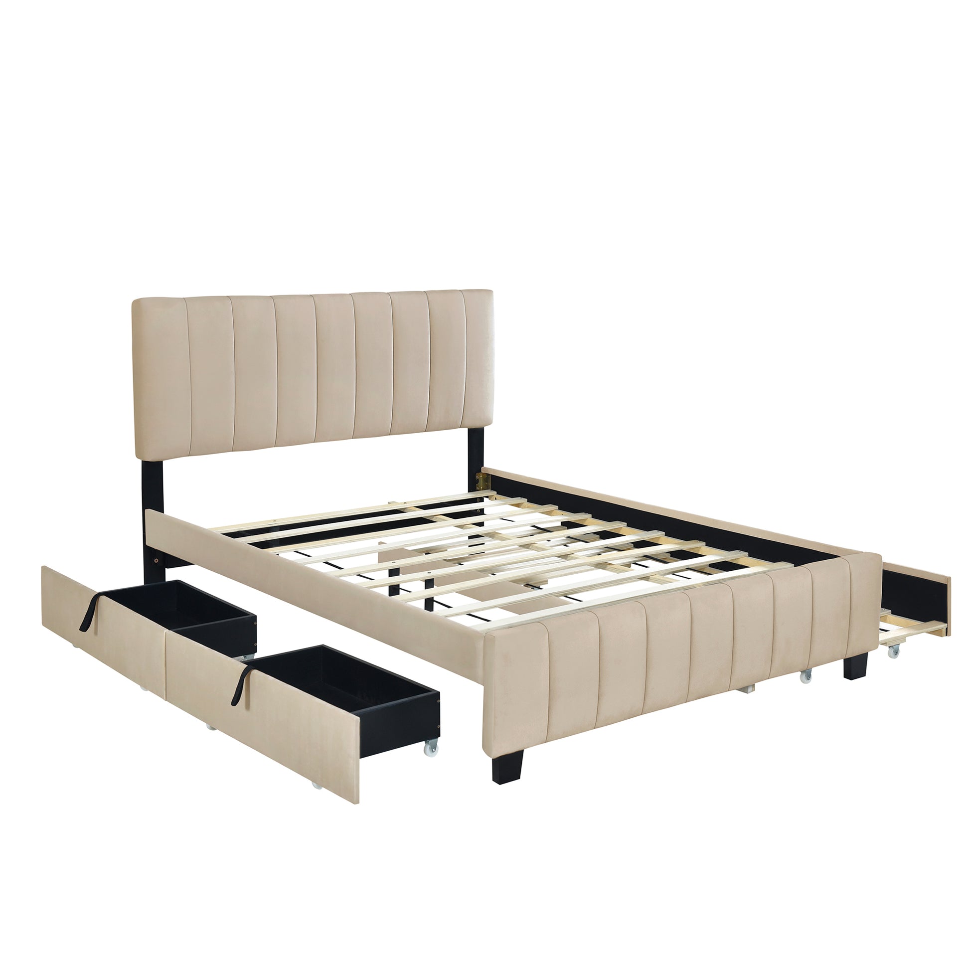 Queen Size Velvet Upholstered Platform Bed With 2 Drawers And 1 Twin Xl Trundle Beige Beige Upholstered