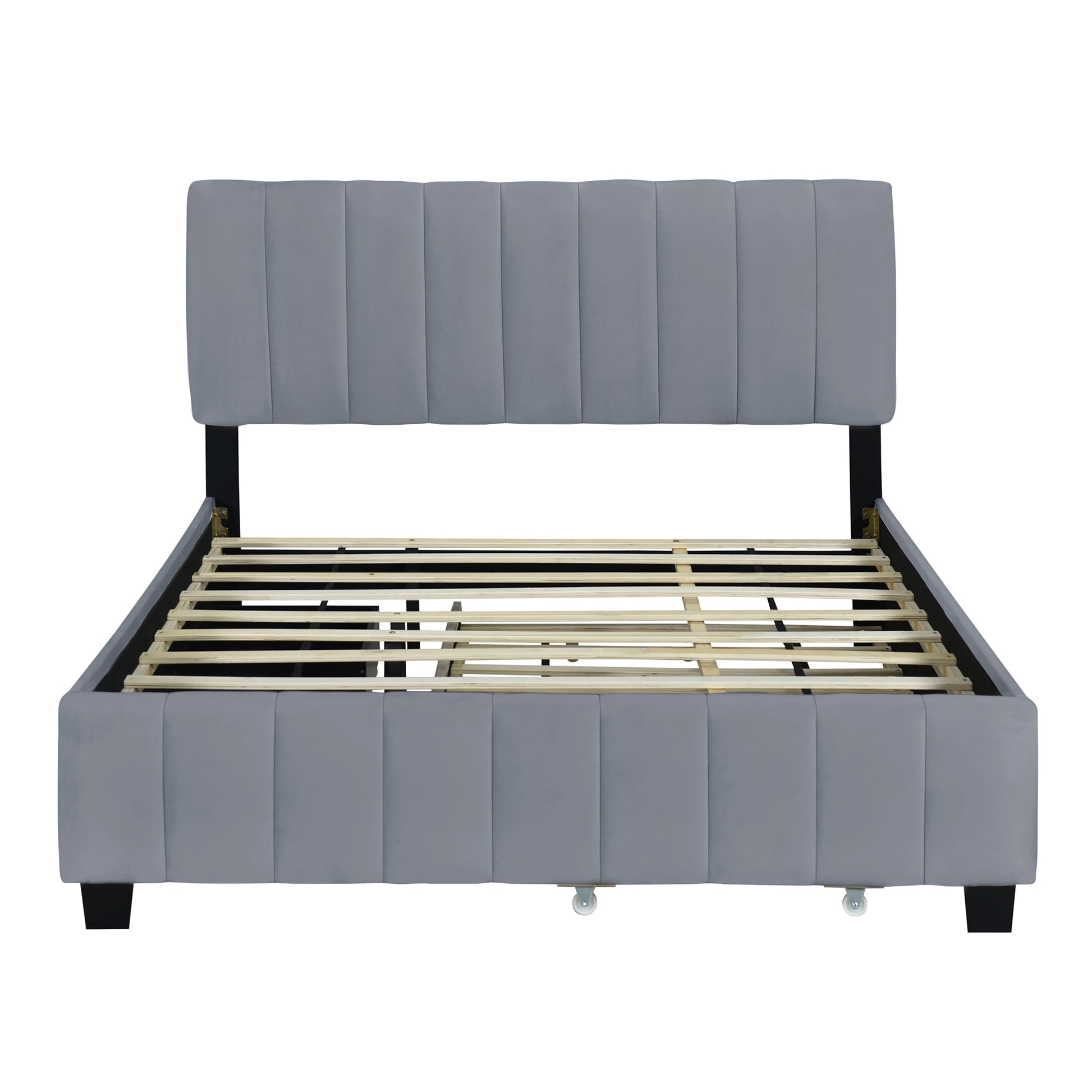 Queen Size Velvet Upholstered Platform Bed With 2 Drawers And 1 Twin Xl Trundle Gray Gray Upholstered
