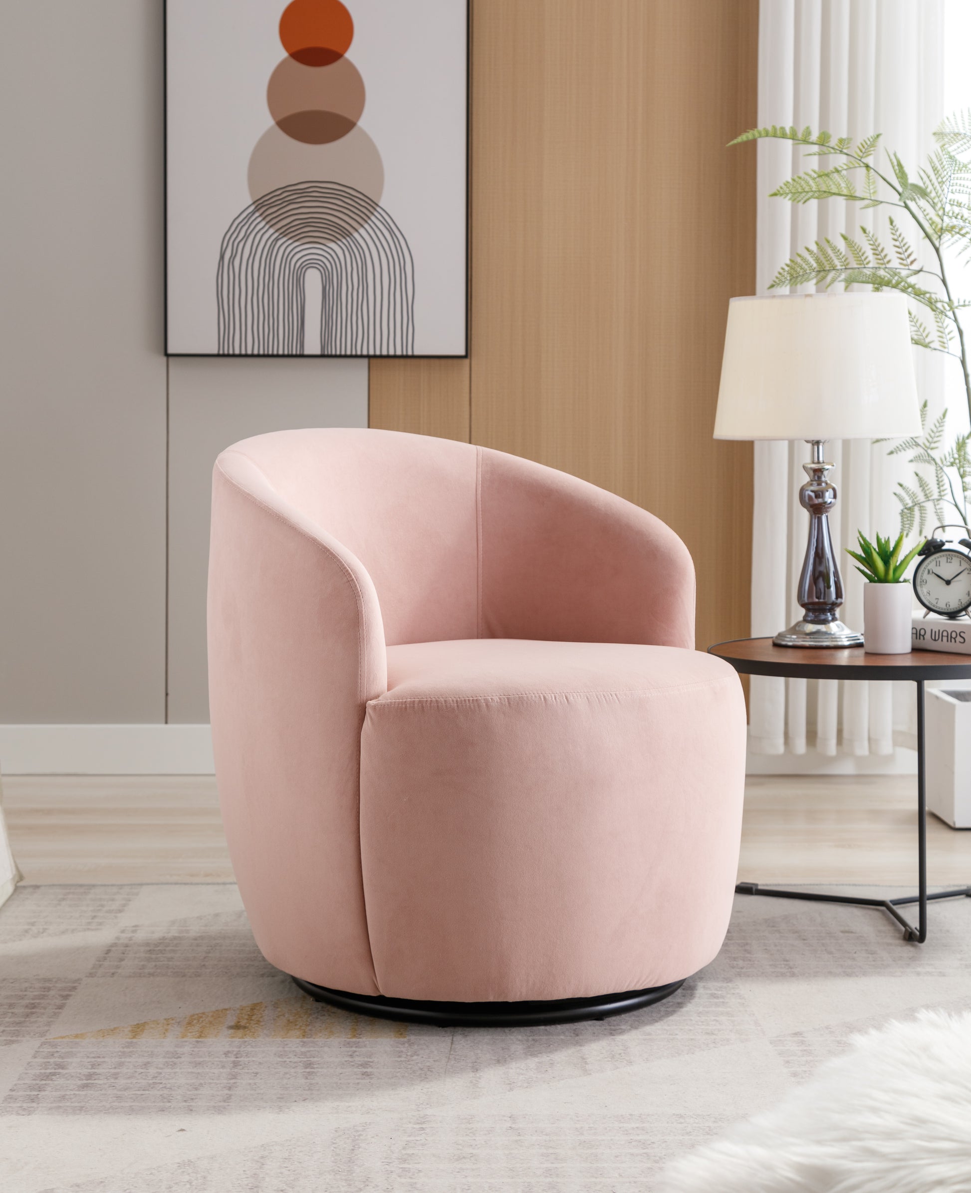 Velvet Fabric Swivel Accent Armchair Barrel Chair With Black Powder Coating Metal Ring,Pink Pink Foam Velvet