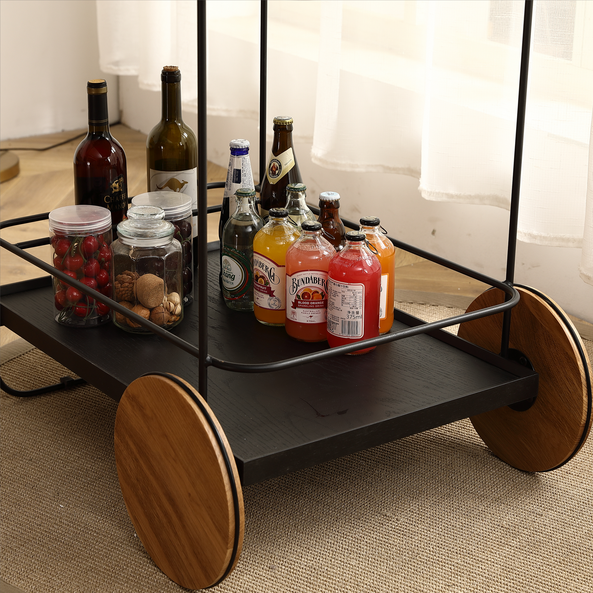 Oak Hotel Restaurant Cart Small Dining Car 30.7 Inches White Rubber And Carbon Steel Materials 30.71Inch Oak Metal & Wood