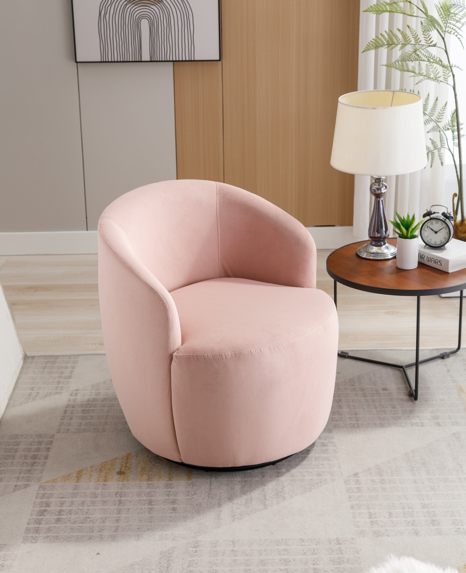 Velvet Fabric Swivel Accent Armchair Barrel Chair With Black Powder Coating Metal Ring,Pink Pink Foam Velvet