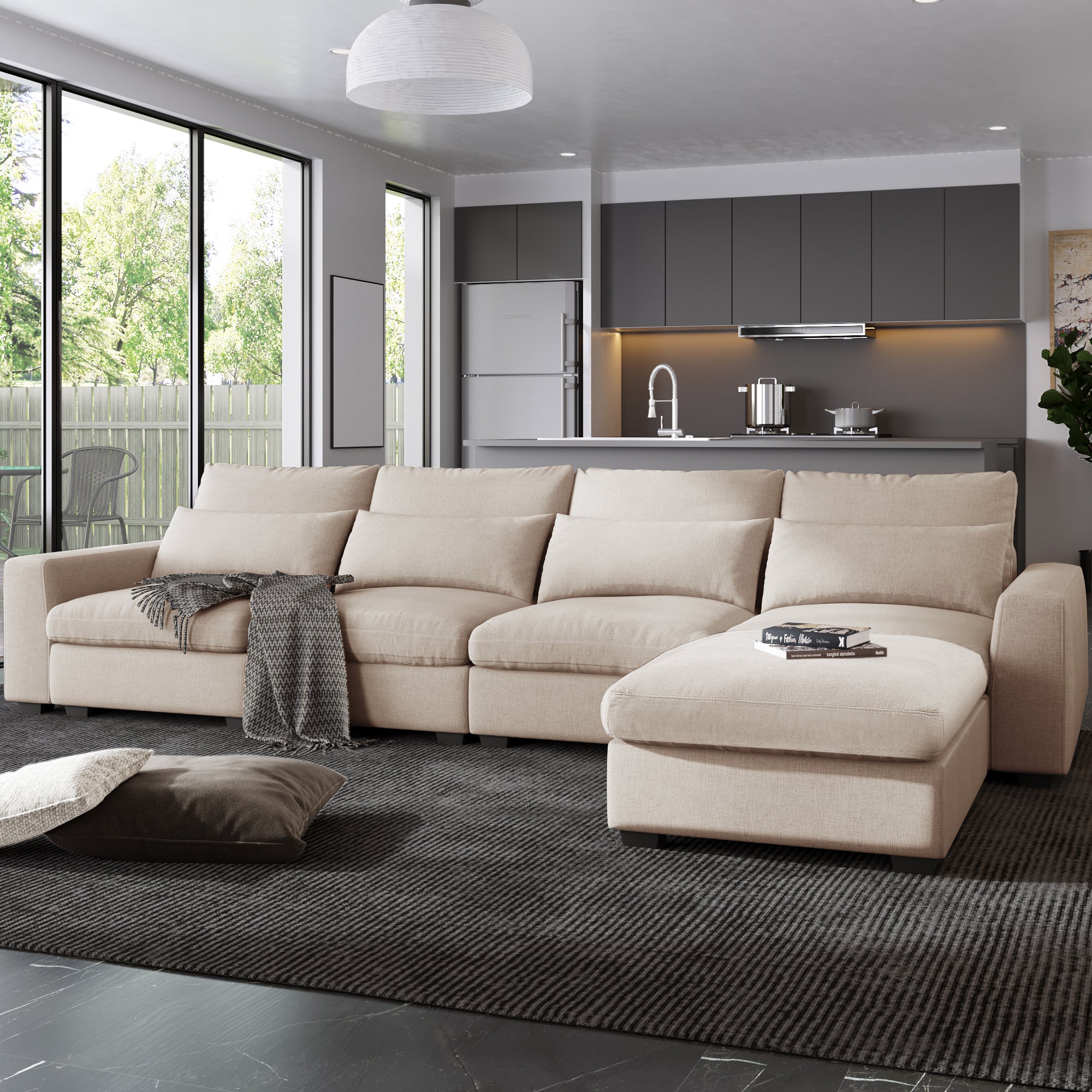 Modern Large L Shape Feather Filled Sectional Sofa, Convertible Sofa Couch With Reversible Chaise For Living Room Beige Chenille 5 Seat