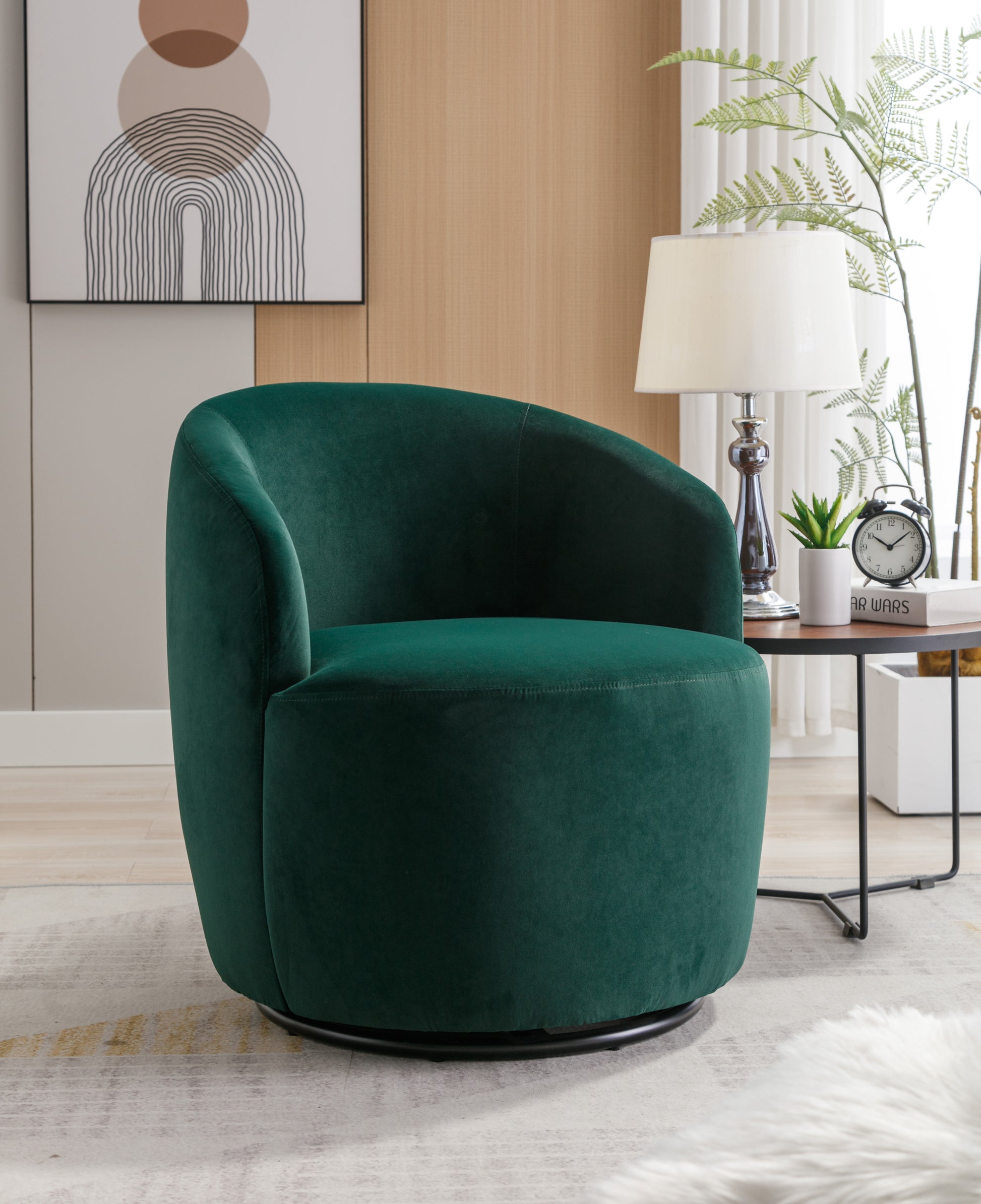 Velvet Fabric Swivel Accent Armchair Barrel Chair With Black Powder Coating Metal Ring,Green Green Foam Velvet