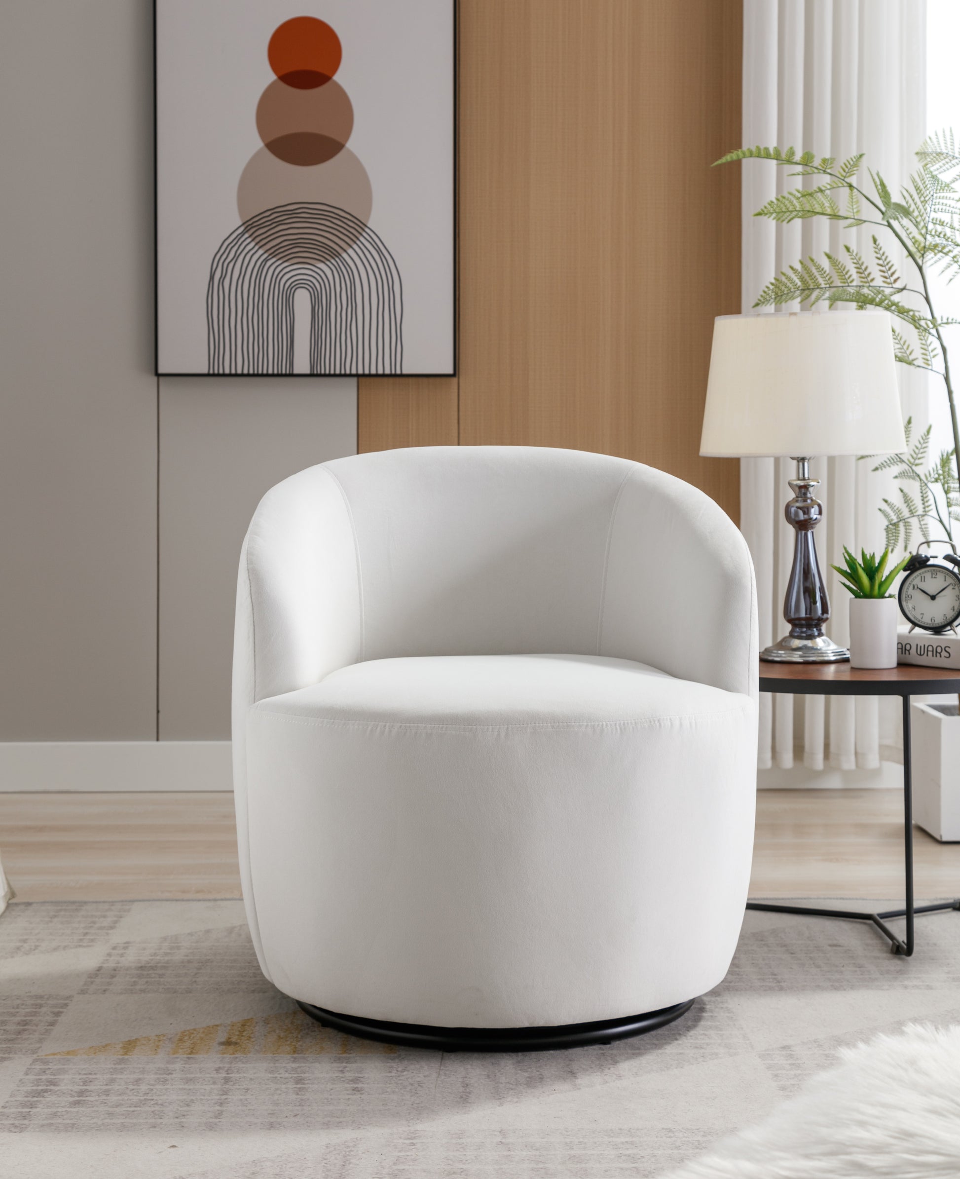 Velvet Fabric Swivel Accent Armchair Barrel Chair With Black Powder Coating Metal Ring,White White Foam Velvet