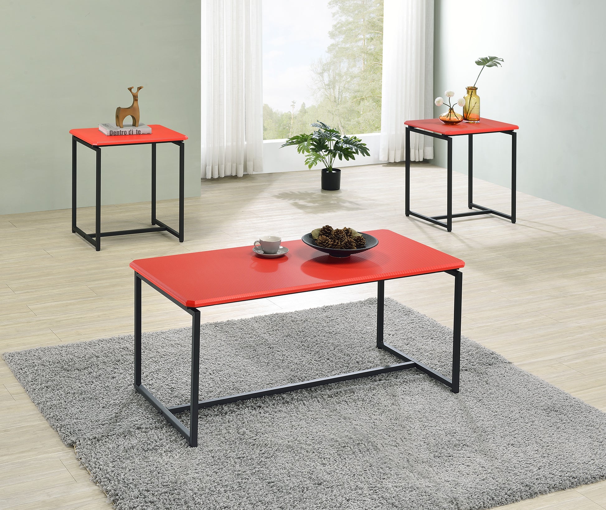 Gt 3 Piece Red Carbon Fiber Wrap Coffee Table And End Table Set Red Metal
