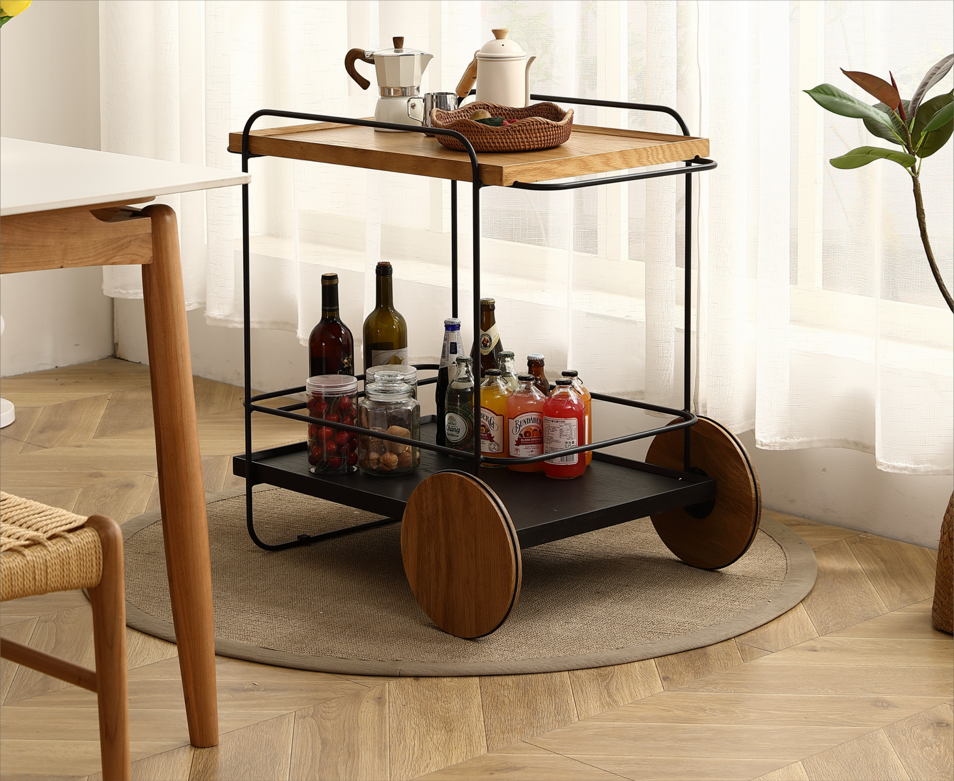 Oak Hotel Restaurant Cart Small Dining Car 30.7 Inches White Rubber And Carbon Steel Materials 30.71Inch Oak Metal & Wood