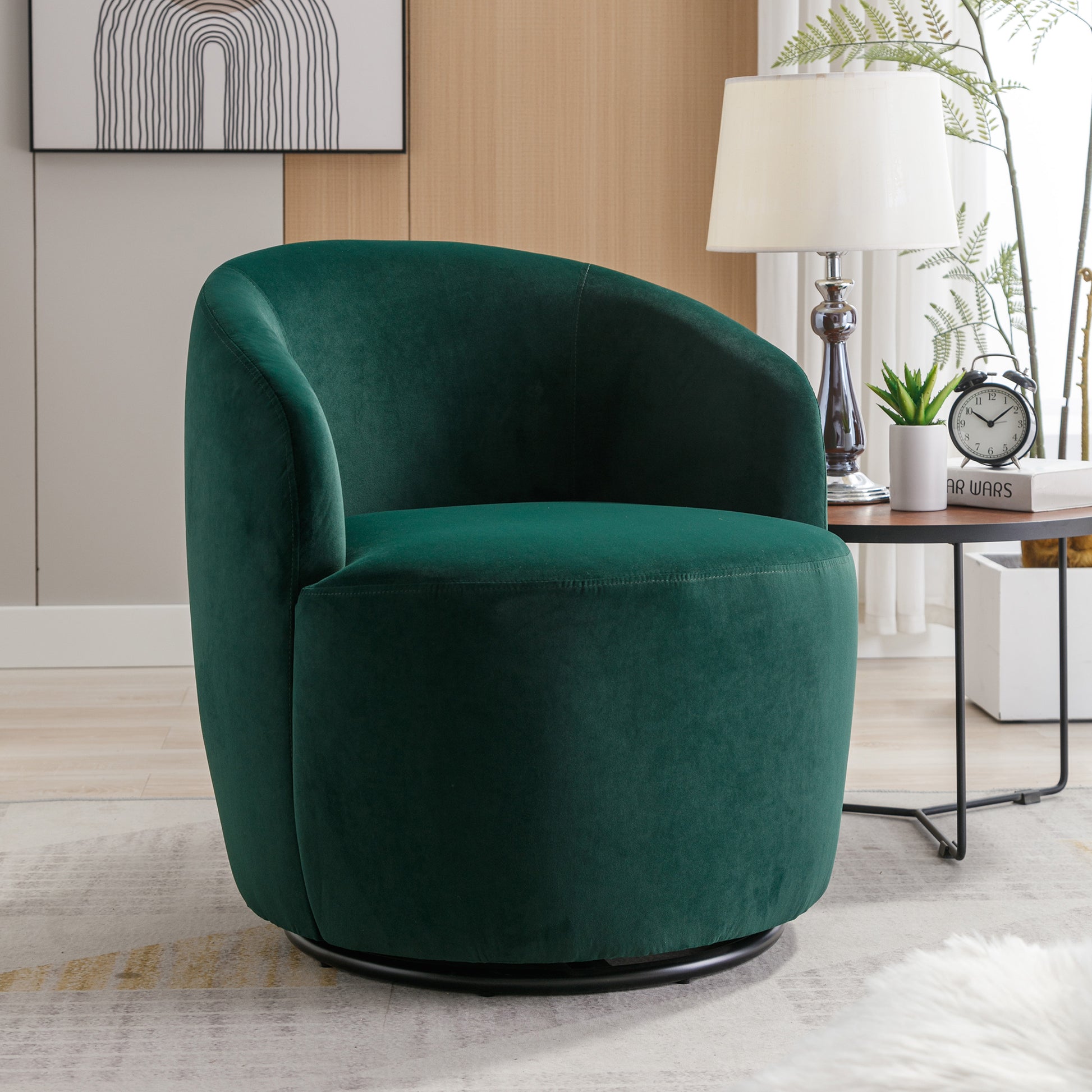 Velvet Fabric Swivel Accent Armchair Barrel Chair With Black Powder Coating Metal Ring,Green Green Foam Velvet