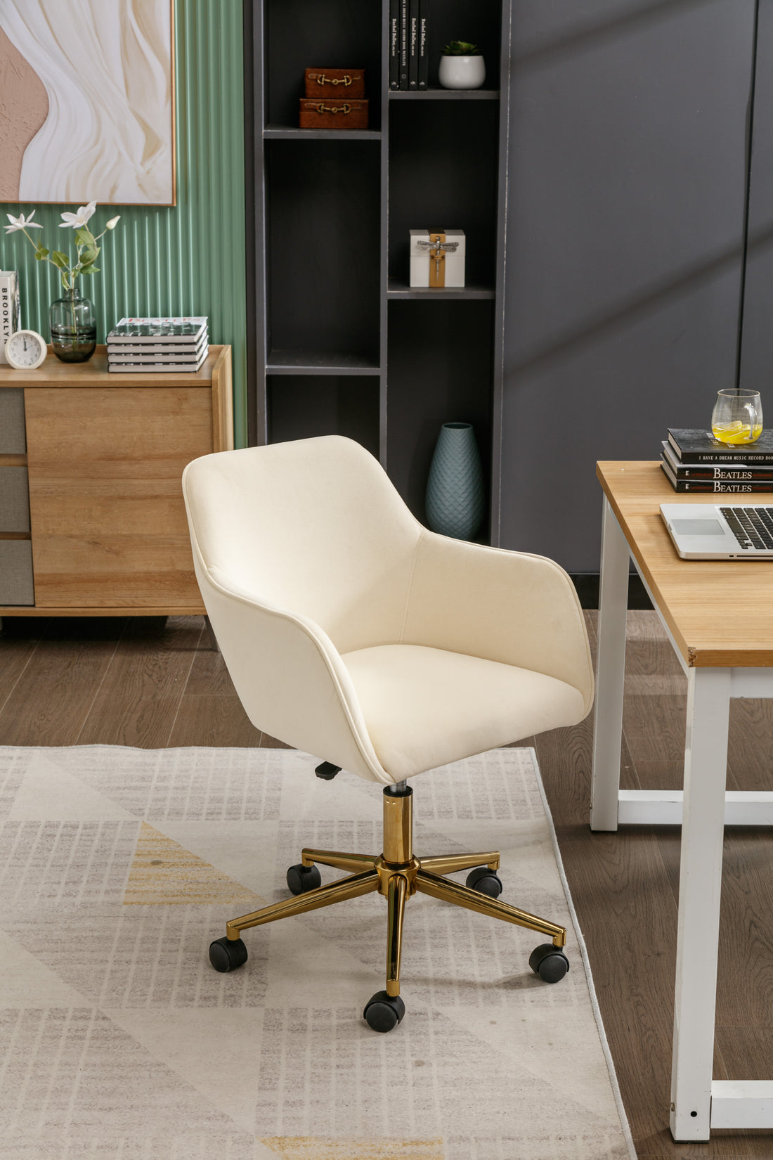 Modern Velvet Fabric Material Adjustable Height 360 Revolving Home Office Chair With Gold Metal Legs And Universal Wheels For Indoor,Beige Beige Foam Velvet