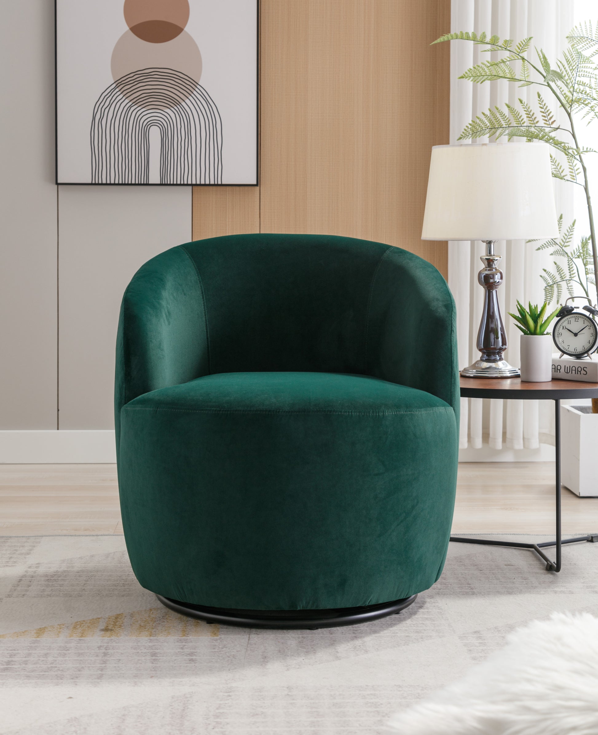 Velvet Fabric Swivel Accent Armchair Barrel Chair With Black Powder Coating Metal Ring,Green Green Foam Velvet