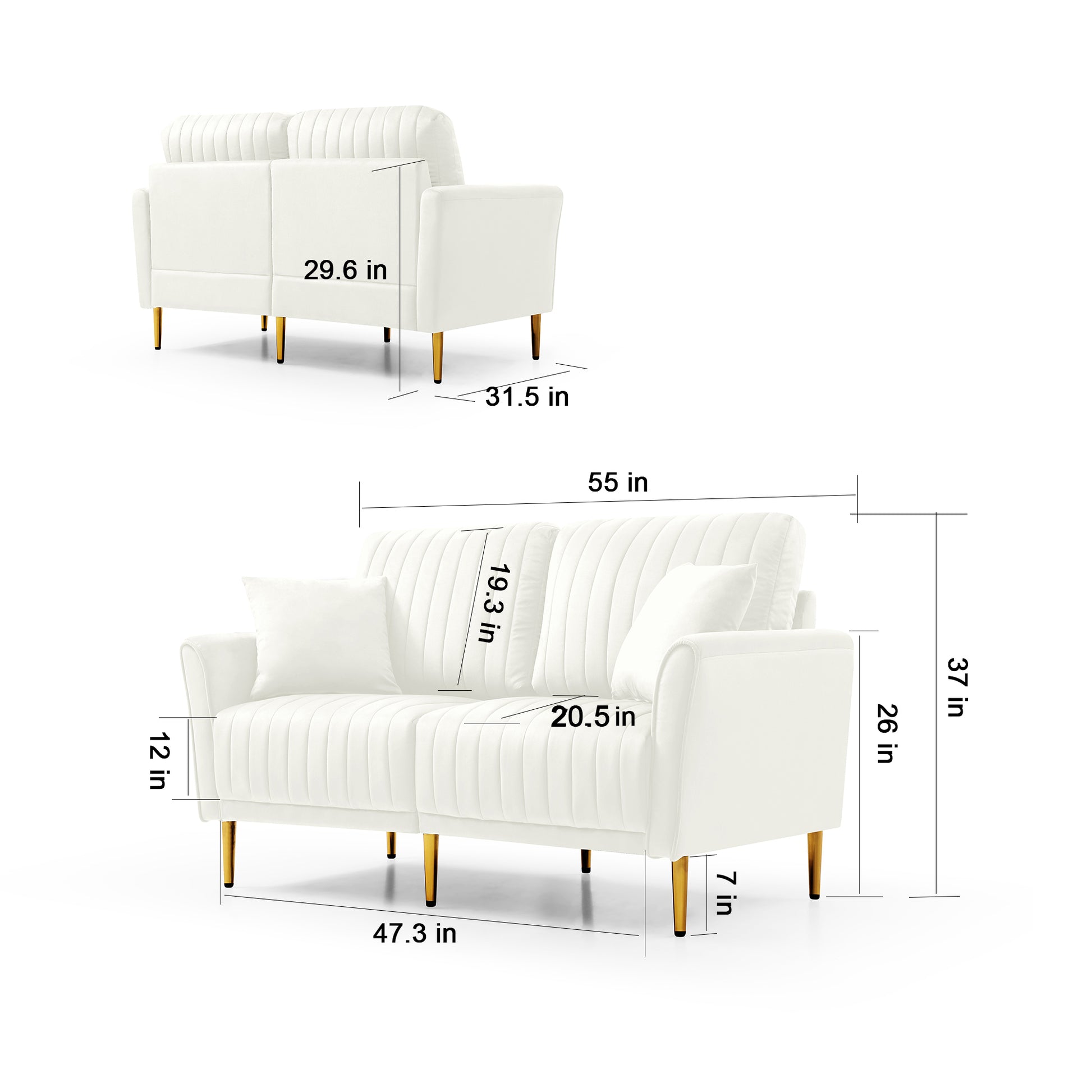 Set Of 2 Couches 2 Piece Cream Velvet Upholstered Living Room Sofa Set, Including 2 Seater Sofa And Loveseat With Four Throw Pillows And Metal Legs Cream Foam Velvet