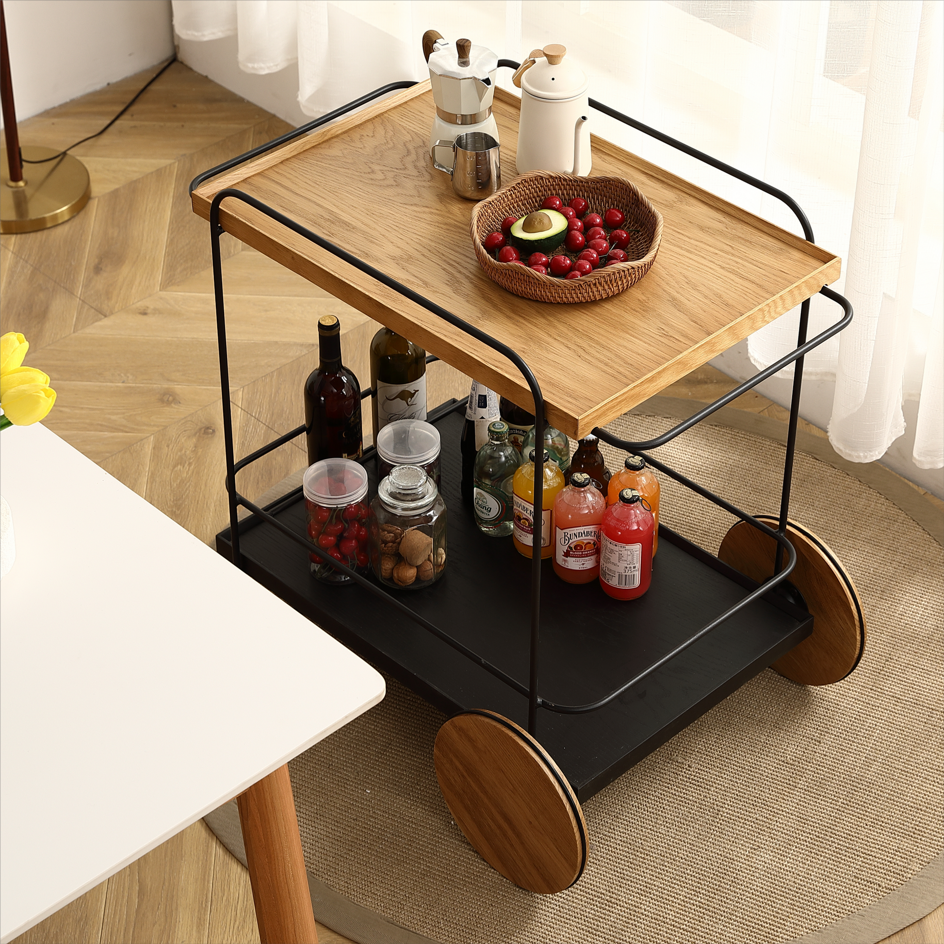 Oak Hotel Restaurant Cart Small Dining Car 30.7 Inches White Rubber And Carbon Steel Materials 30.71Inch Oak Metal & Wood