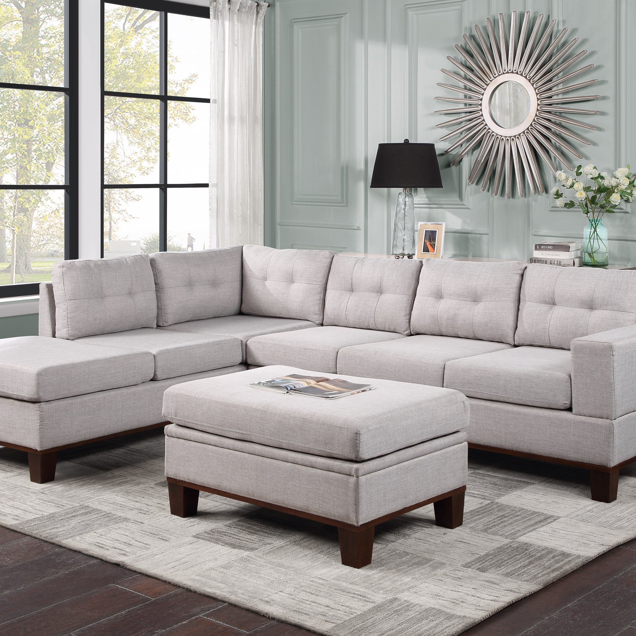Hilo 106" Light Gray Fabric Reversible Sectional Sofa With Dropdown Armrest, Cupholder, And Storage Ottoman Light Gray Polyester