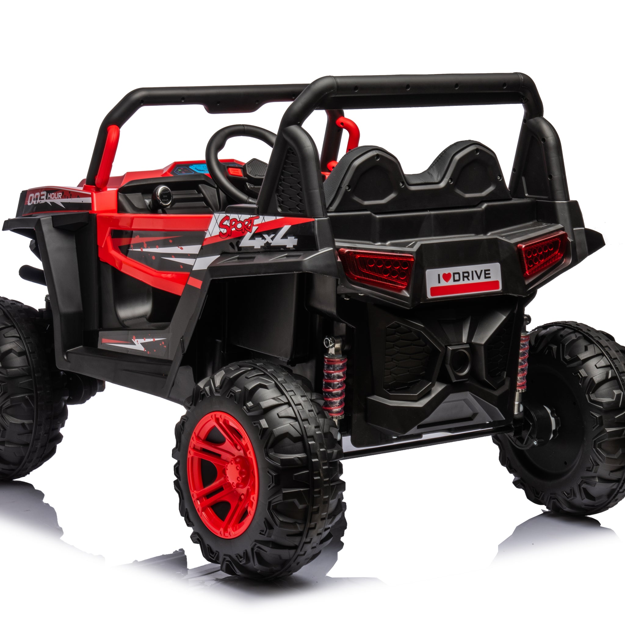 12V7A*1 30W*4 Four Wheel Drive Leather Seat One Button Start,Forward And Backward, High And Low Speed, Music, Front Light, Power Display, Two Doors Can Open, 2.4G R C, Seat Belt Four Wheel Absorber Red Plastic