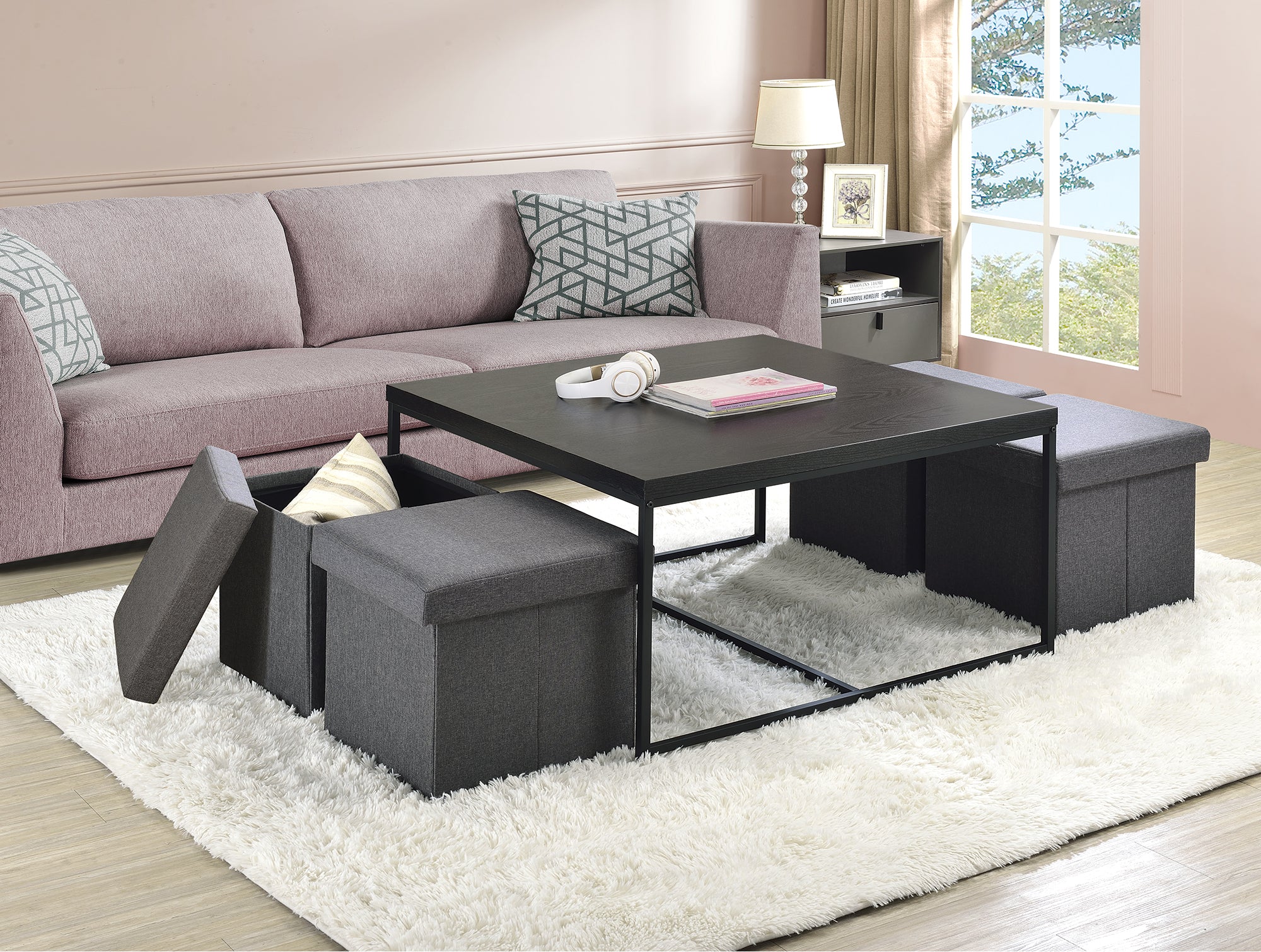 Caitlin 35" Black Wood Grain 5 Piece Coffee Table Set Black Mdf