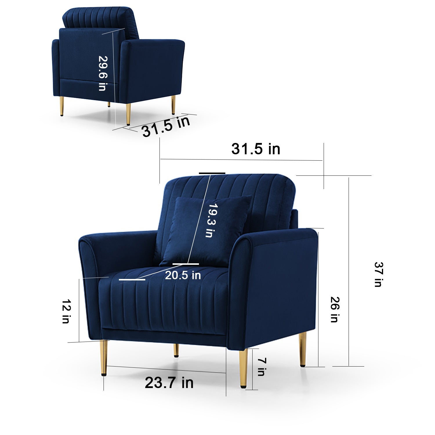 3 Piece Velvet Living Room Sofa Sets, 2 Piece Accent Chair And One 2 Seat Sofa For Small Living Space Navy Blue Blue Foam Velvet