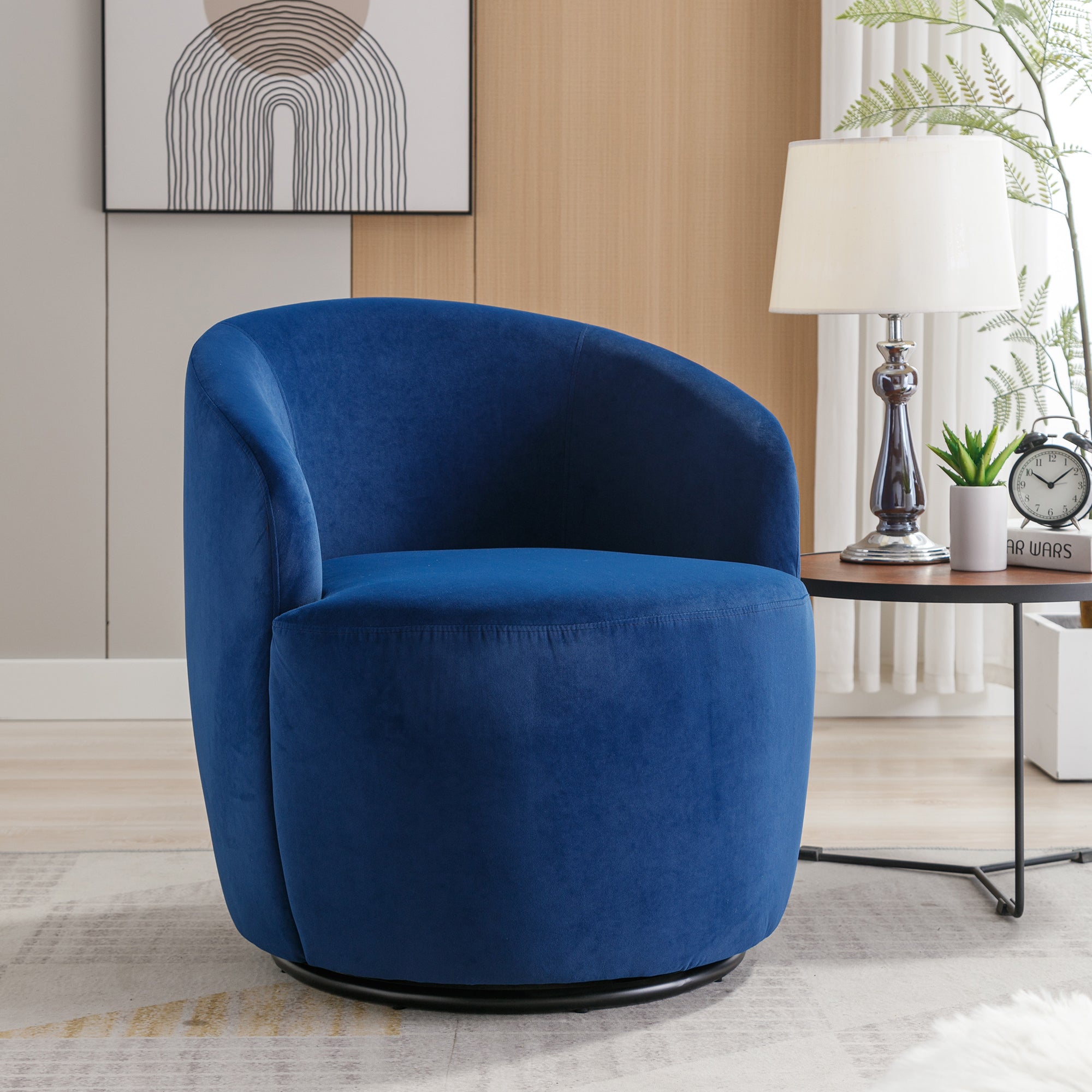 Velvet Fabric Swivel Accent Armchair Barrel Chair With Black Powder Coating Metal Ring,Blue Blue Foam Velvet
