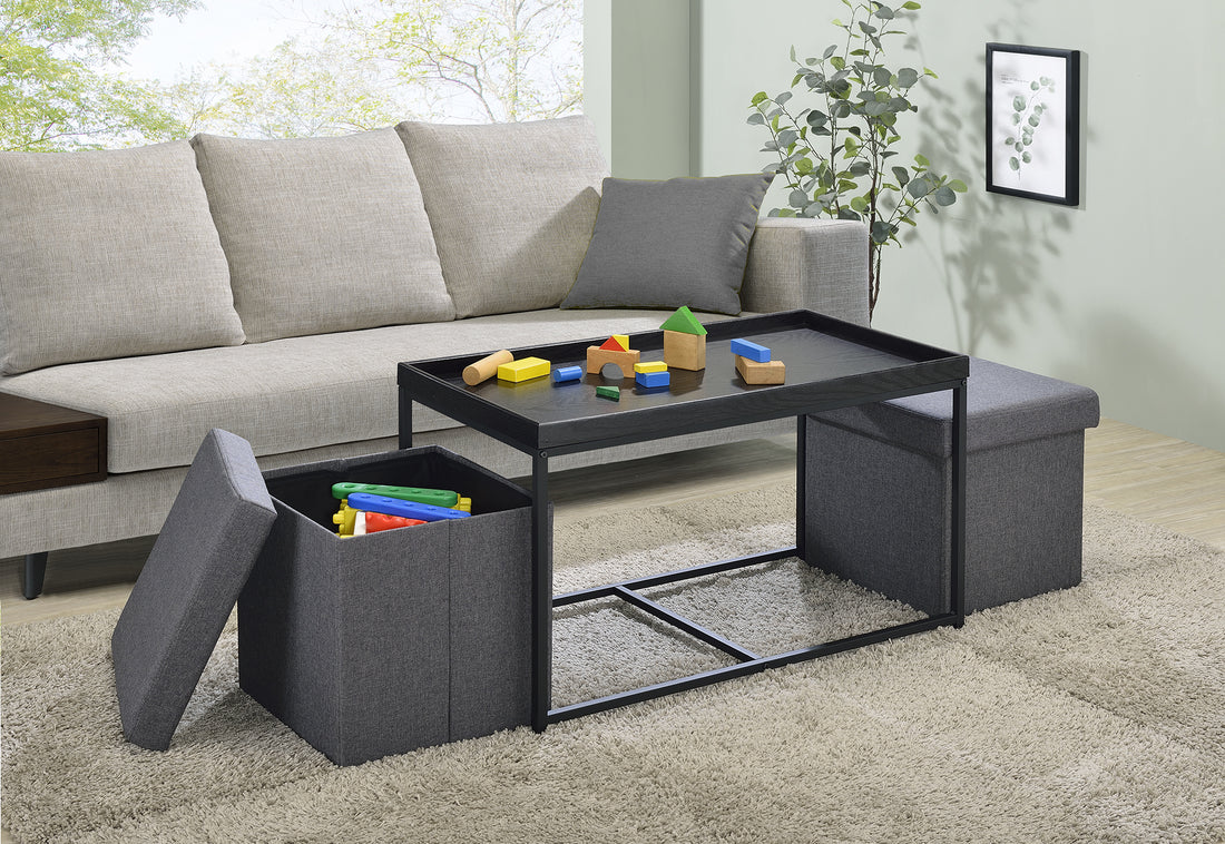 Monty 35" Black Wood Grain 3 Piece Coffee Table Set With Raised Edges Black Mdf