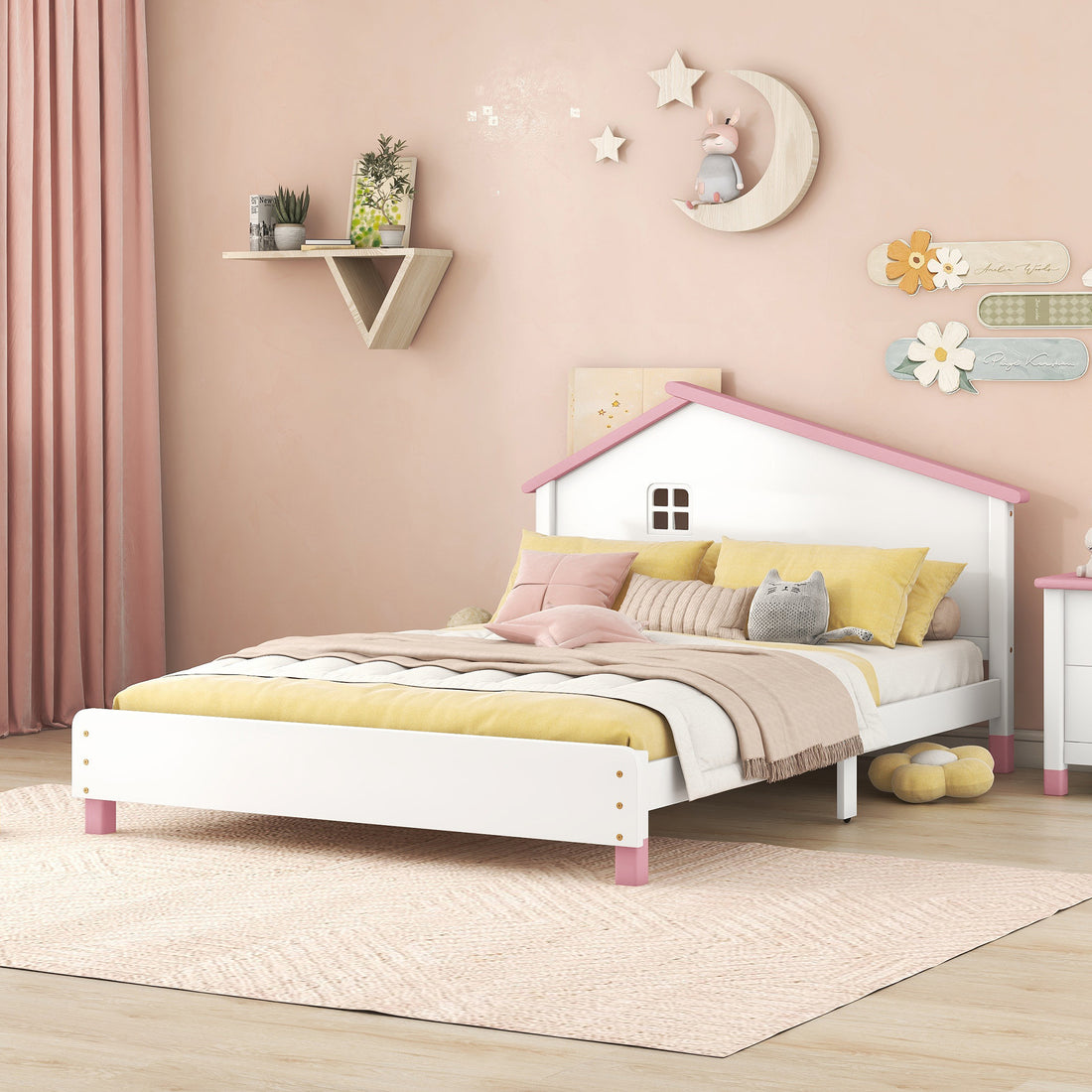 Full Size Wood Platform Bed With House Shaped Headboard White Pink White Pink Solid Wood