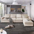 Modern Large L Shape Feather Filled Sectional Sofa, Convertible Sofa Couch With Reversible Chaise For Living Room Beige Chenille 5 Seat