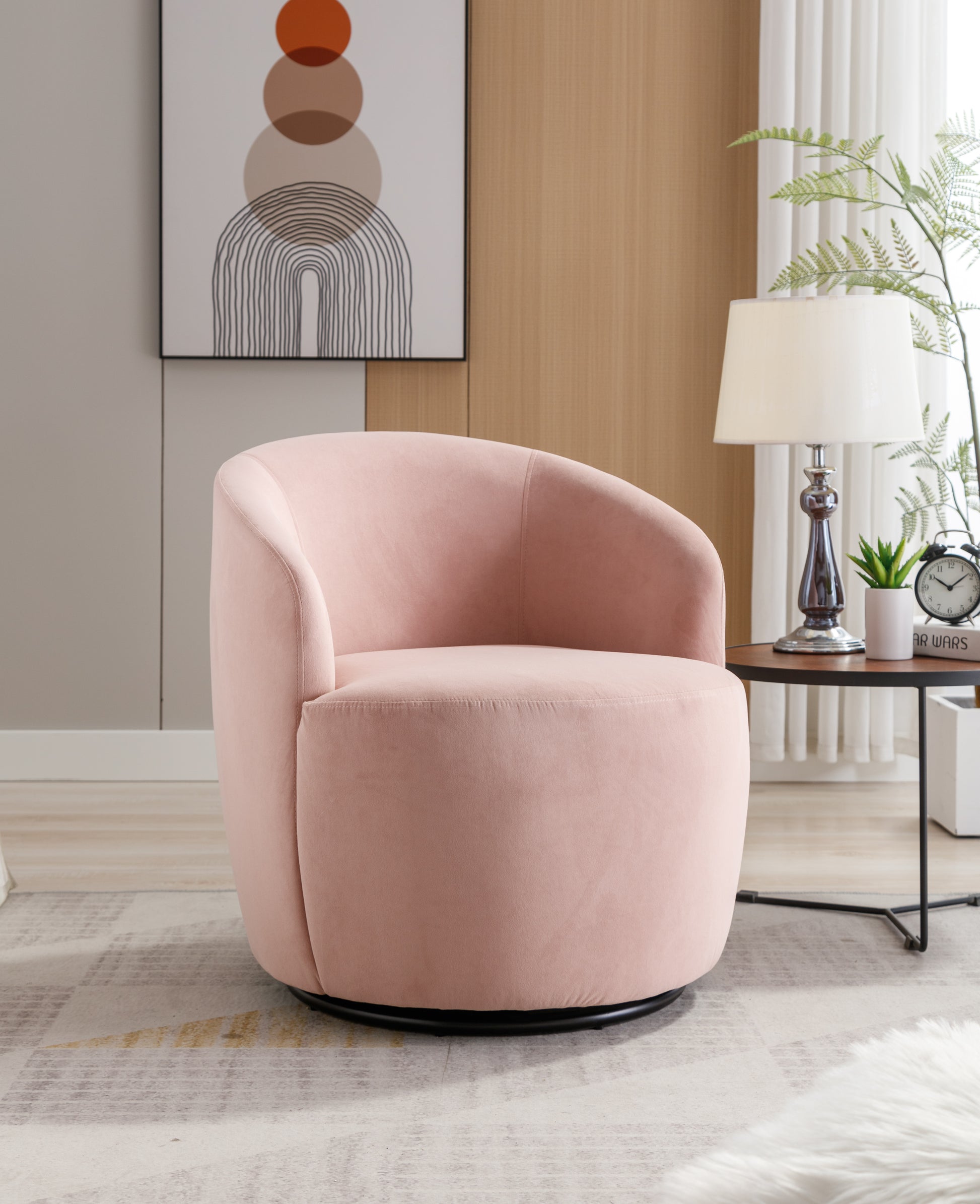 Velvet Fabric Swivel Accent Armchair Barrel Chair With Black Powder Coating Metal Ring,Pink Pink Foam Velvet
