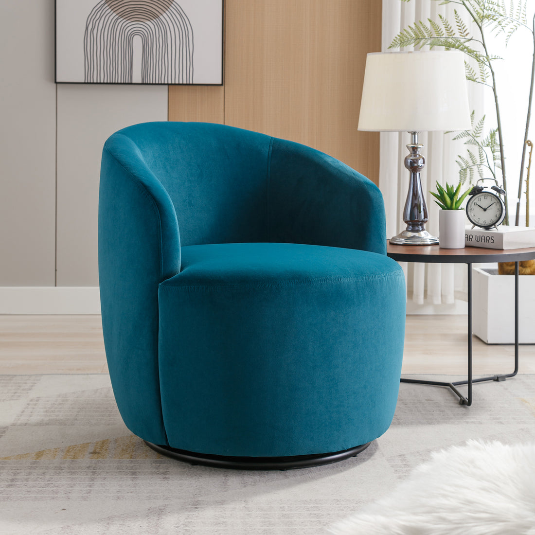 Velvet Fabric Swivel Accent Armchair Barrel Chair With Black Powder Coating Metal Ring,Teal Teal Foam Velvet