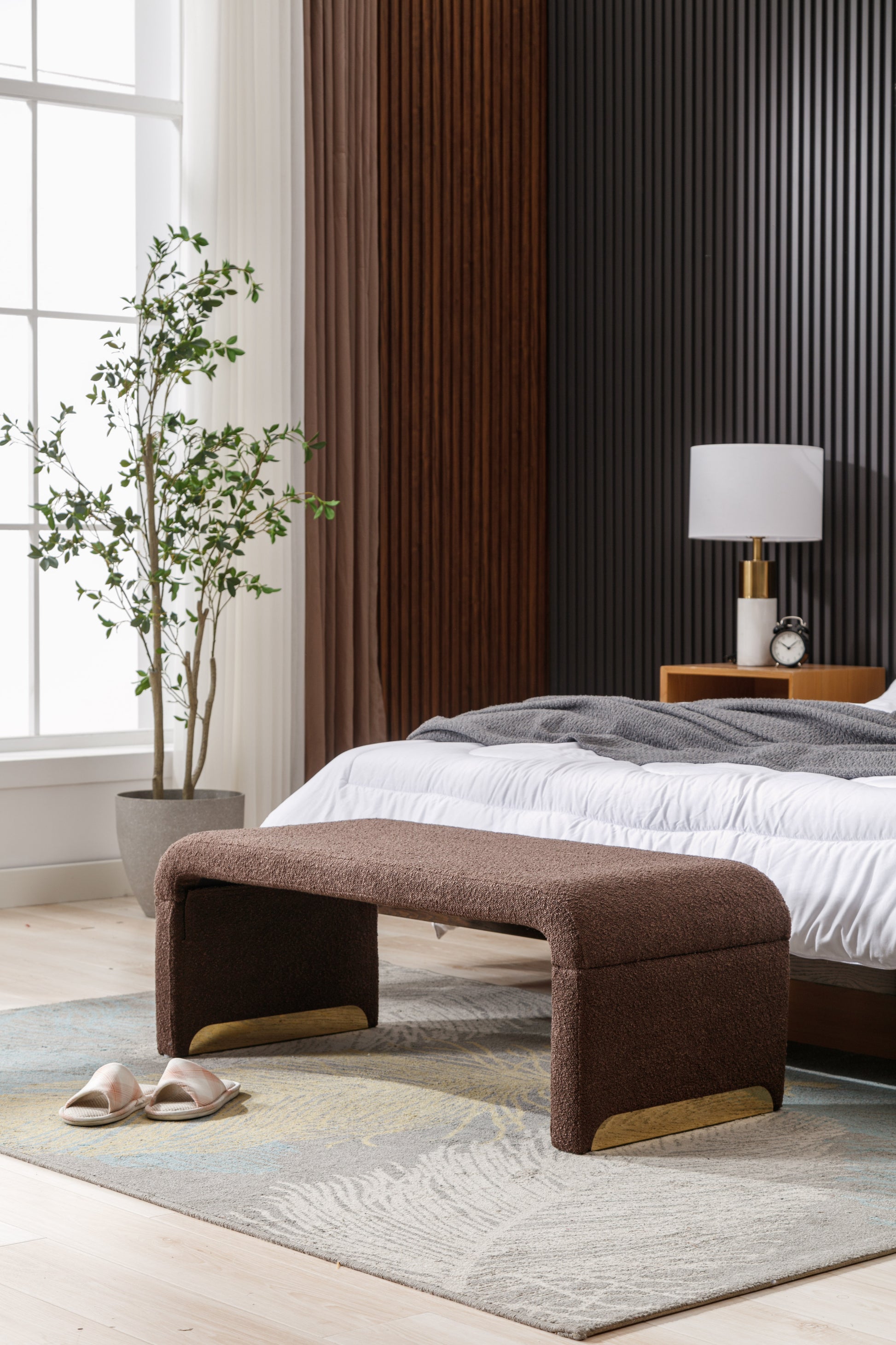 Boucle Fabric Loveseat Ottoman Footstool Bedroom Bench Shoe Bench With Gold Metal Legs,Coffee Brown Brown Foam Boucle