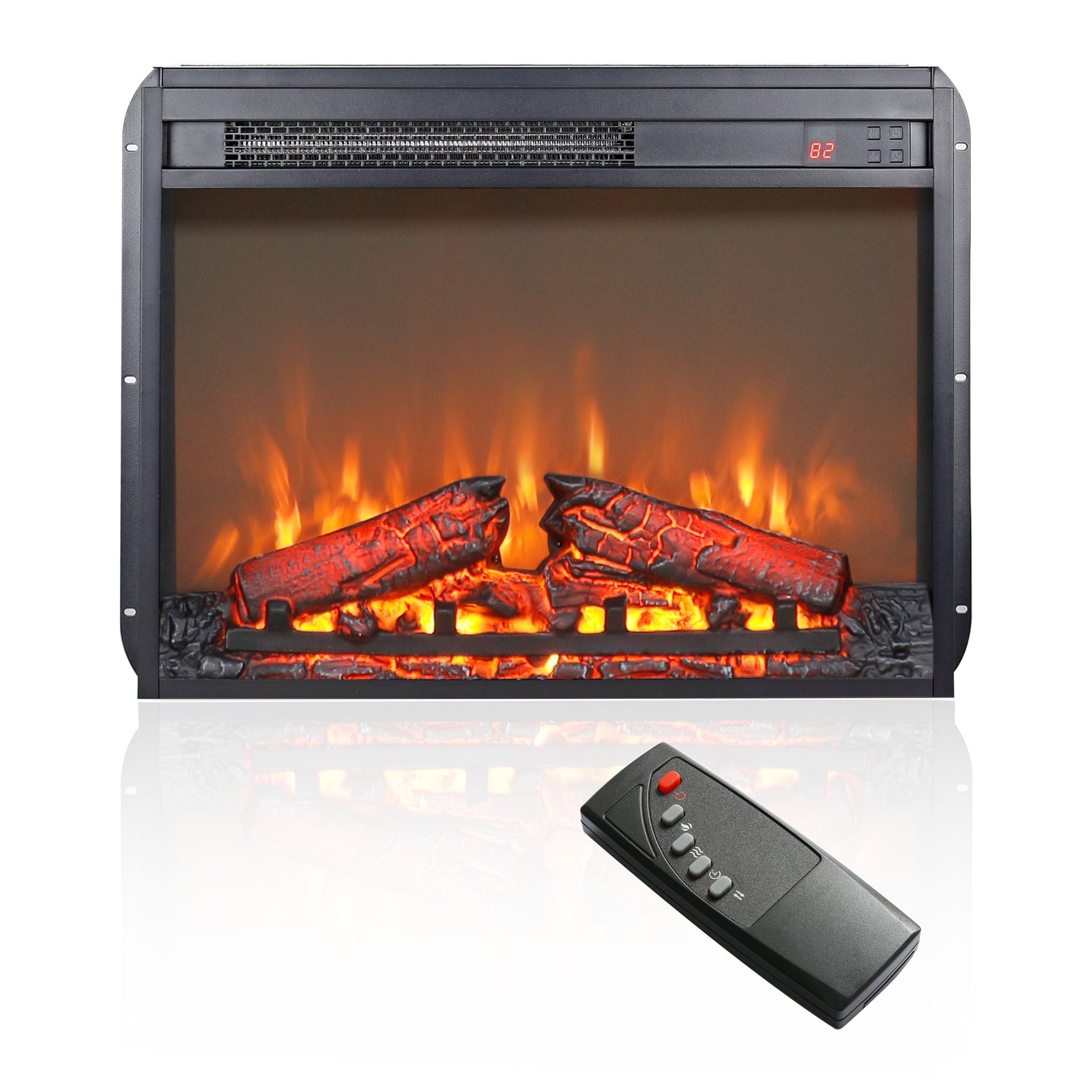 23 Inch Electric Fireplace Insert, Ultra Thin Heater With Log Set & Realistic Flame, Remote Control With Timer, Overheating Protection Antique Black Tempered Glass Sheet Metal Plastic