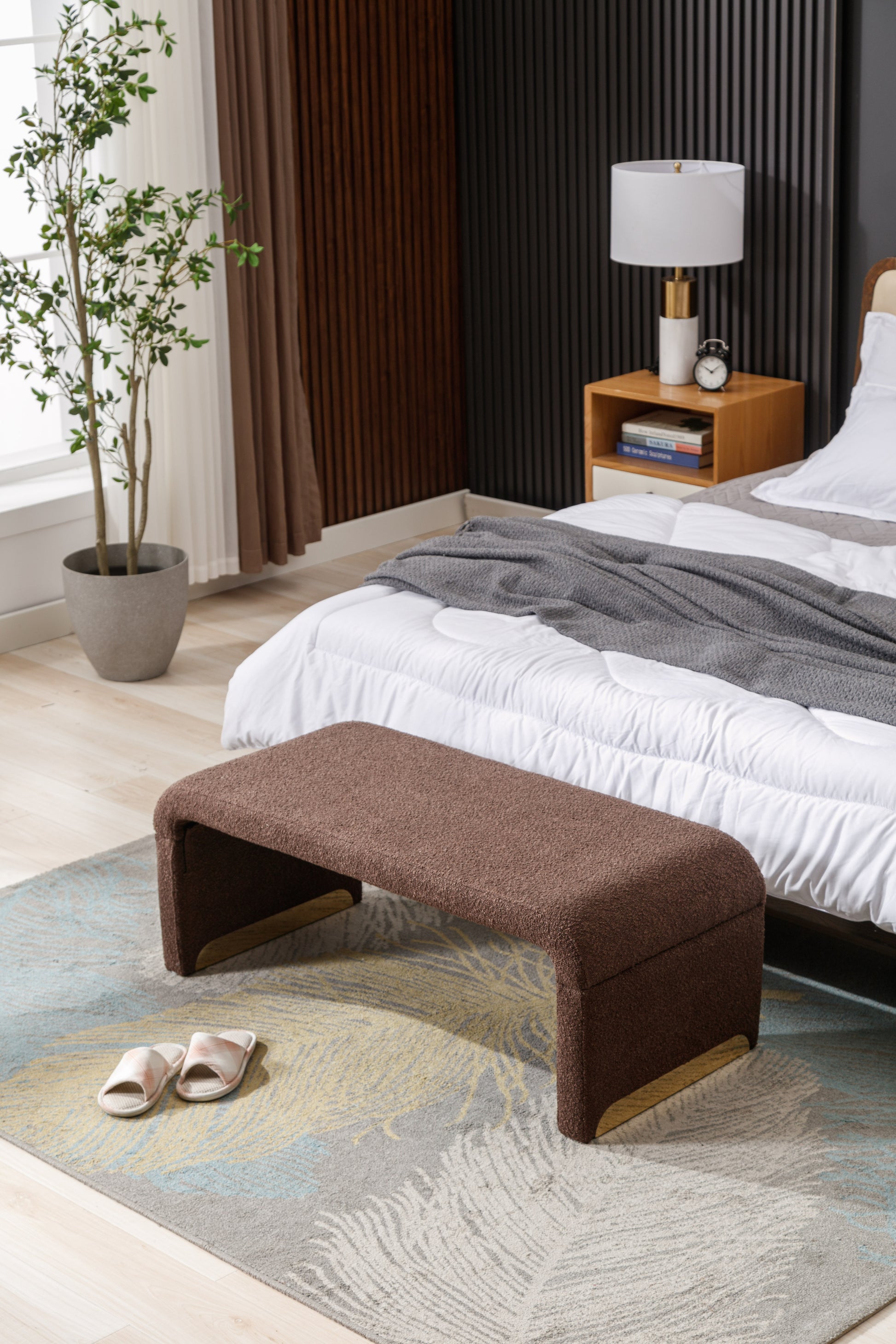 Boucle Fabric Loveseat Ottoman Footstool Bedroom Bench Shoe Bench With Gold Metal Legs,Coffee Brown Brown Foam Boucle