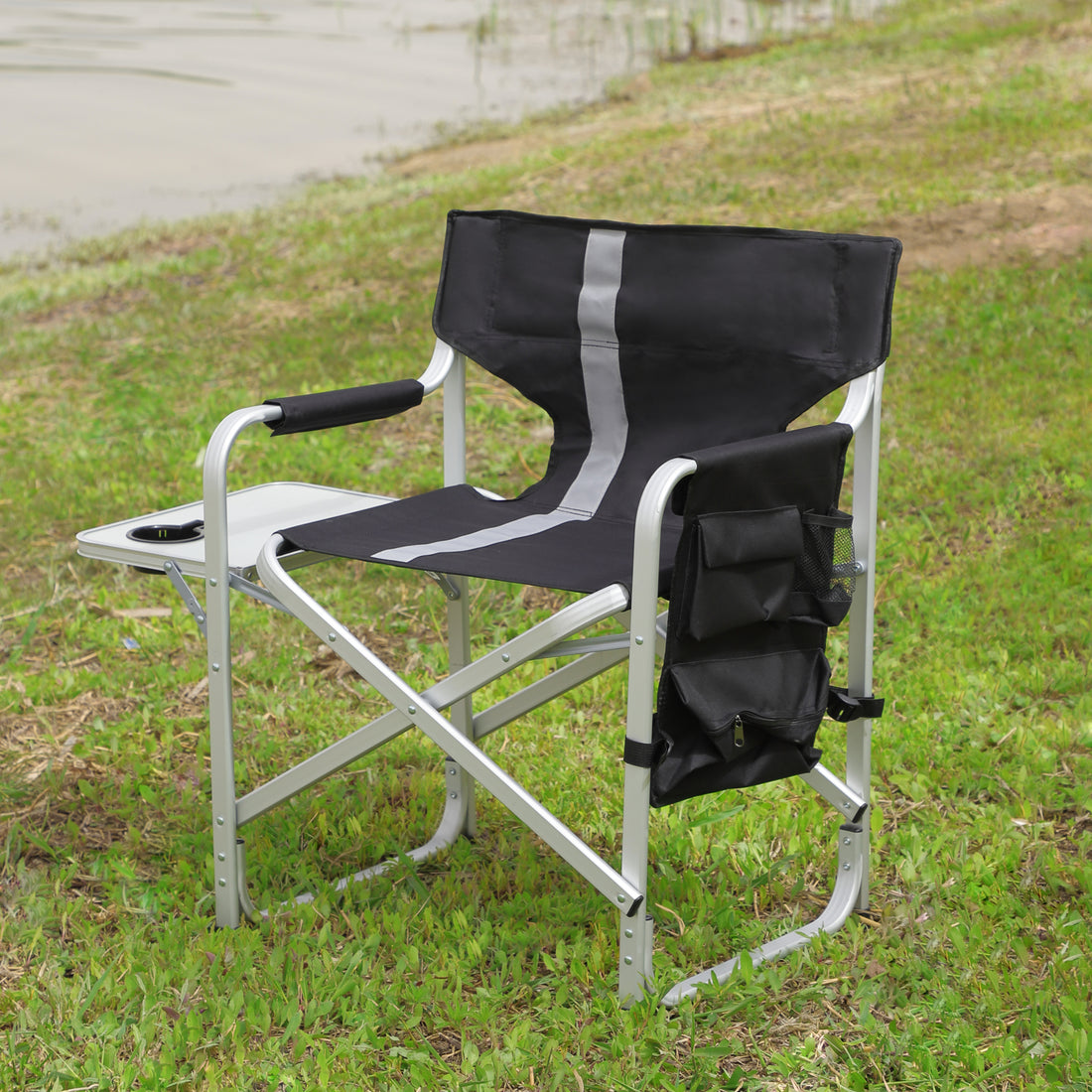 1 Piece Padded Folding Outdoor Chair With Side Table And Storage Pockets,Lightweight Oversized Directors Chair For Indoor, Outdoor Camping, Picnics And Fishing,Black Grey Black Gray Aluminum