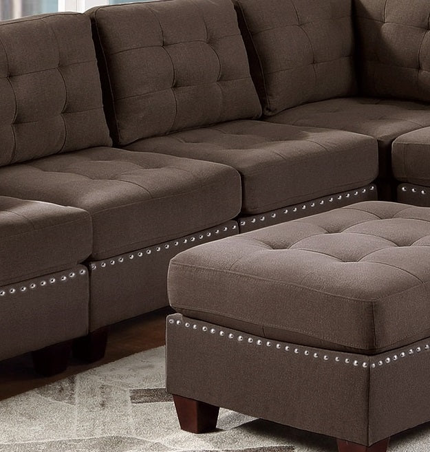Contemporary Modular Sectional 6Pc Set Living Room Furniture Corner Sectional Black Coffee Linen Like Fabric Tufted Nail Heads 2X Corner Wedge 3X Armless Chair And 1X Ottoman Coffee Wood Primary Living Space Cushion Back Contemporary,Modern Modular