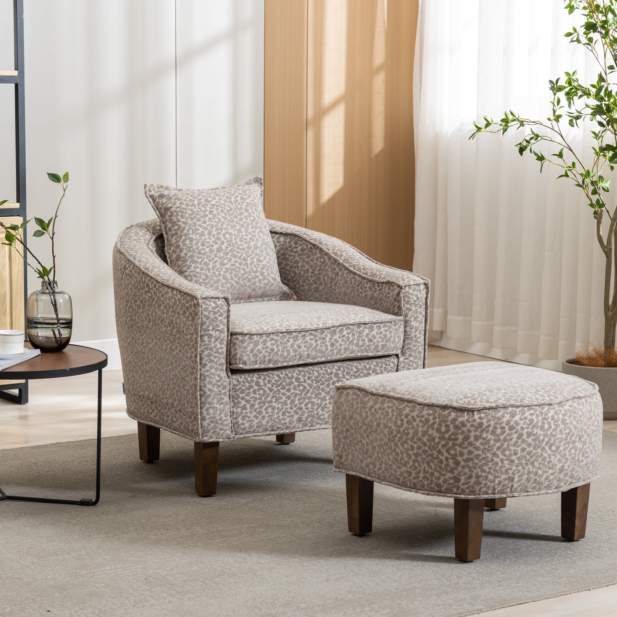 Coolmore Accent Chair With Ottoman, Mid Century Modern Barrel Chair Upholstered Club Tub Round Arms Chair For Living Room Leopard Gray Chenille