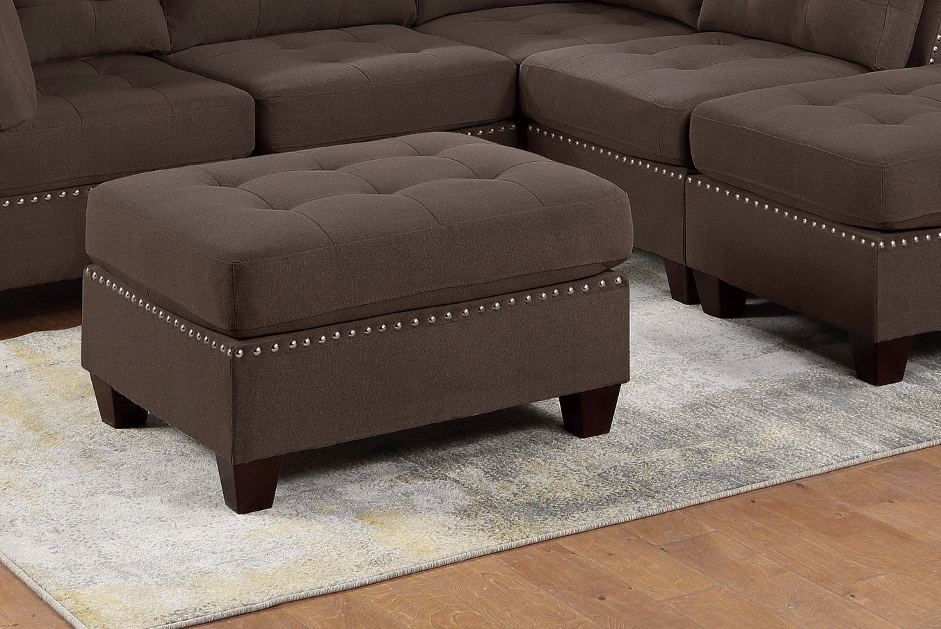 Contemporary Modular Sectional 6Pc Set Living Room Furniture Corner Sectional Black Coffee Linen Like Fabric Tufted Nail Heads 2X Corner Wedge 3X Armless Chair And 1X Ottoman Coffee Wood Primary Living Space Cushion Back Contemporary,Modern Modular
