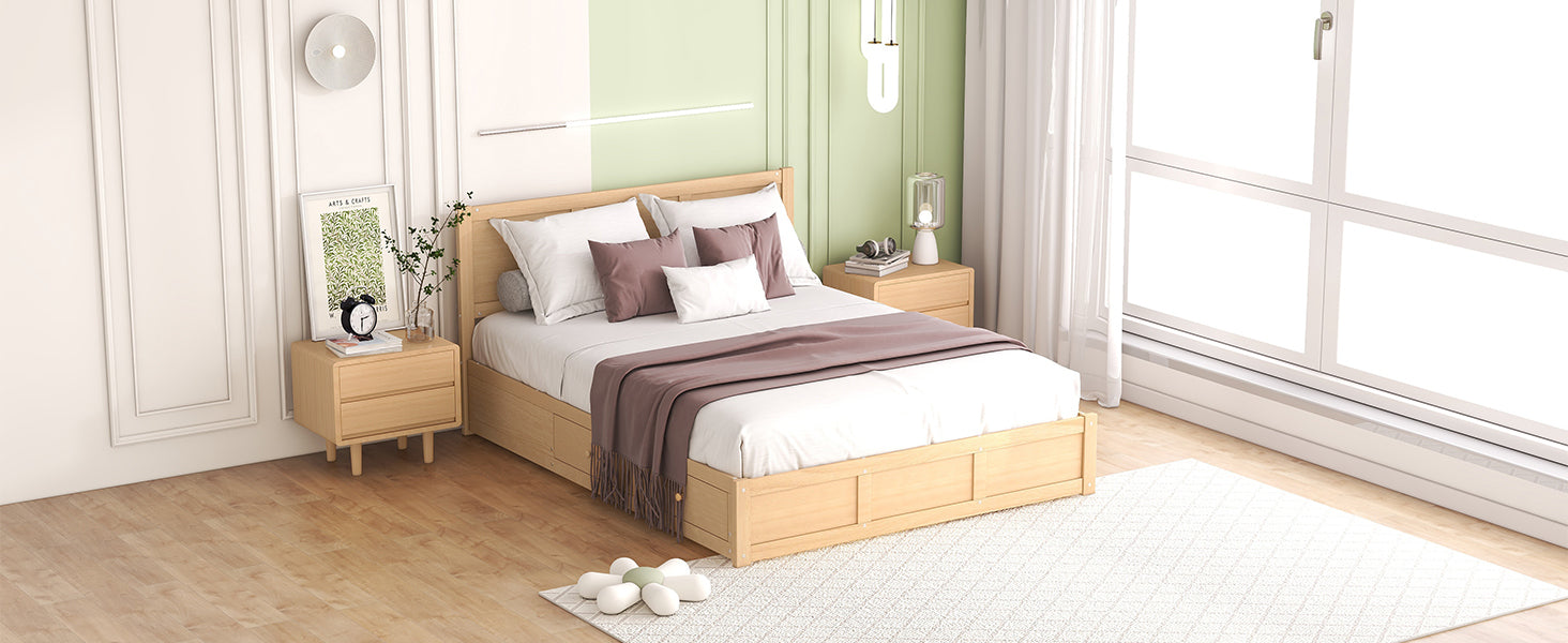 Queen Size Wood Platform Bed With Underneath Storage And 2 Drawers, Wood Color Box Spring Not Required Queen Natural Wood Bedroom Bed Frame Solid Wood Mdf