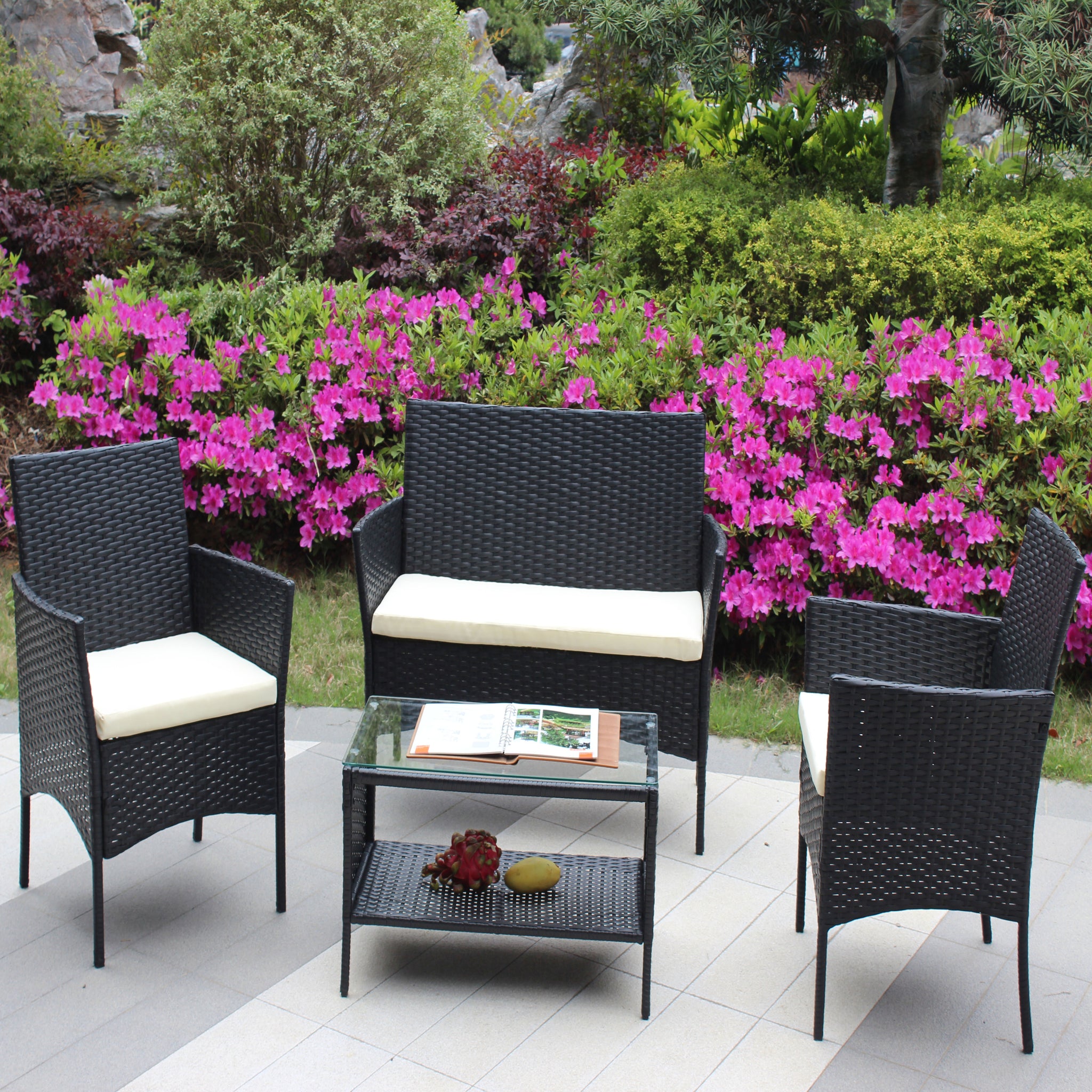 4 Pc Rattan Patio Furniture Set Outdoor Patio Cushioned Seat Wicker Sofa Beige Cushion Black Iron