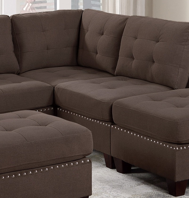 Contemporary Modular Sectional 6Pc Set Living Room Furniture Corner Sectional Black Coffee Linen Like Fabric Tufted Nail Heads 2X Corner Wedge 3X Armless Chair And 1X Ottoman Coffee Wood Primary Living Space Cushion Back Contemporary,Modern Modular