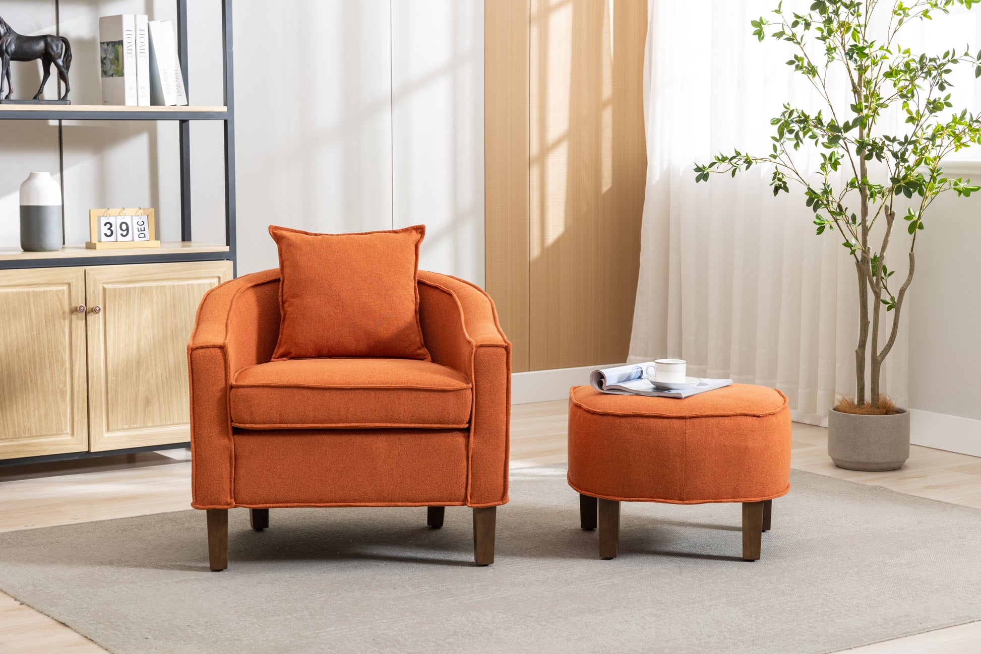 Coolmore Accent Chair With Ottoman, Mid Century Modern Barrel Chair Upholstered Club Tub Round Arms Chair For Living Room Orange Linen