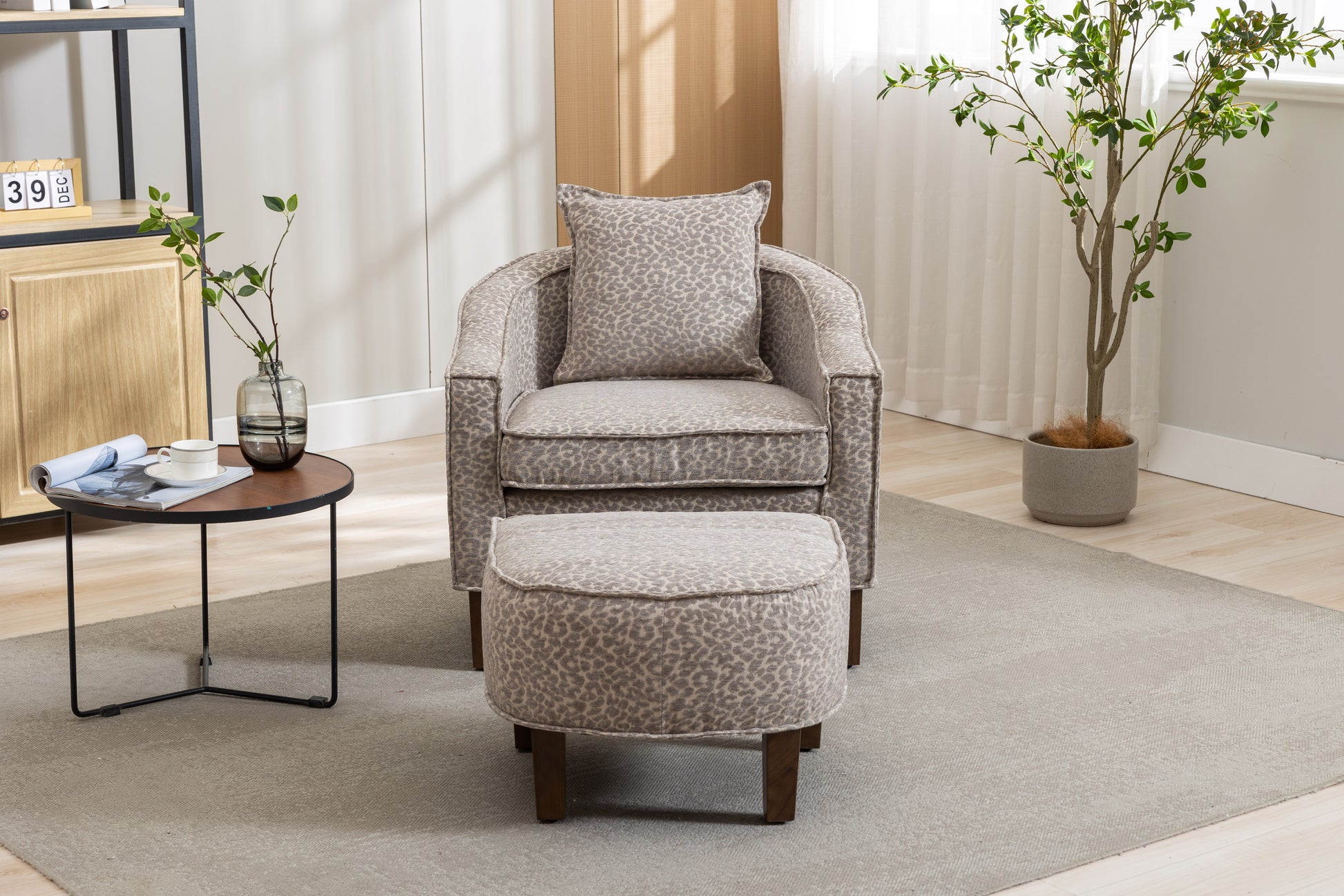 Coolmore Accent Chair With Ottoman, Mid Century Modern Barrel Chair Upholstered Club Tub Round Arms Chair For Living Room Leopard Gray Chenille