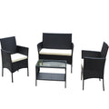 4 Pc Rattan Patio Furniture Set Outdoor Patio Cushioned Seat Wicker Sofa Beige Cushion Black Iron