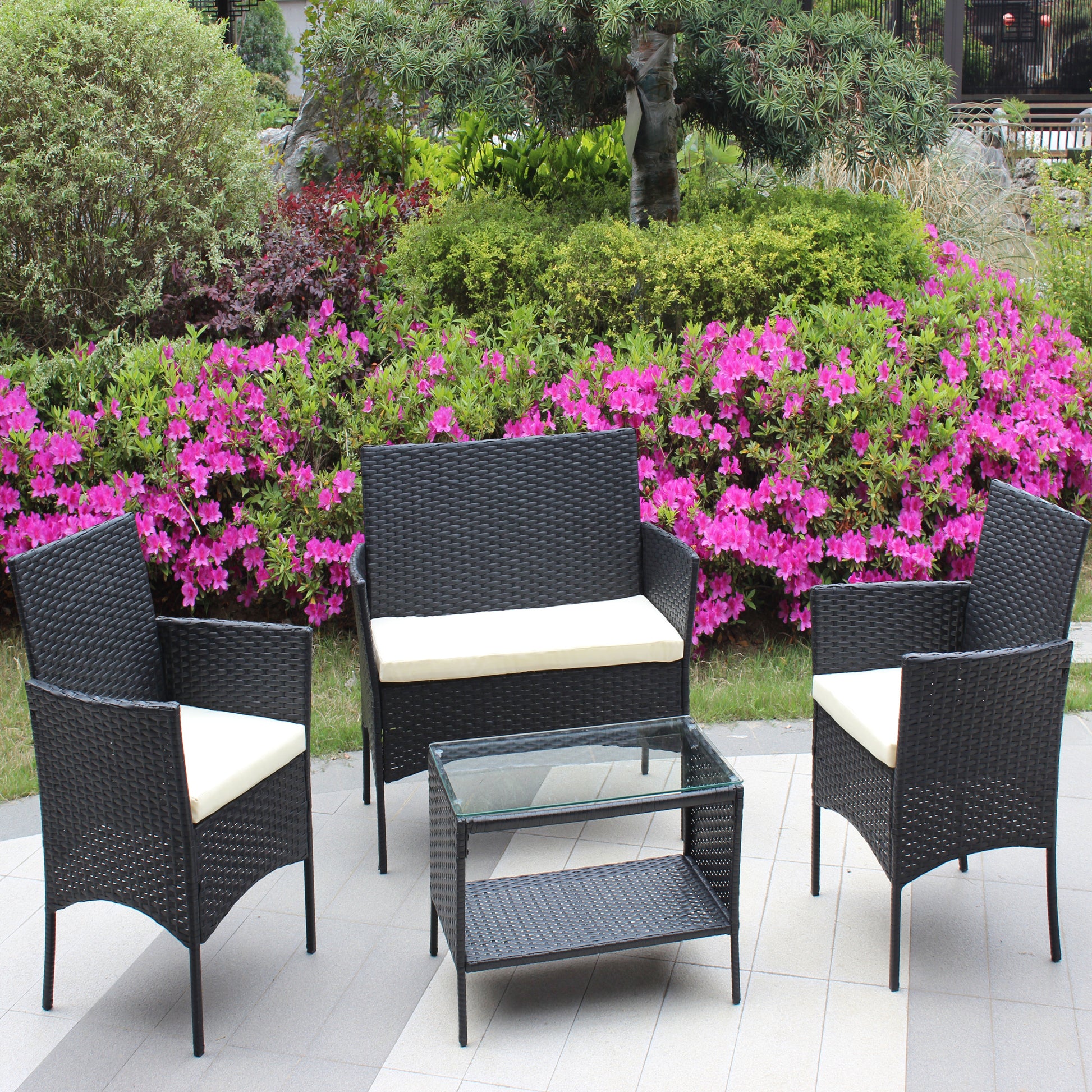 4 Pc Rattan Patio Furniture Set Outdoor Patio Cushioned Seat Wicker Sofa Beige Cushion Black Iron