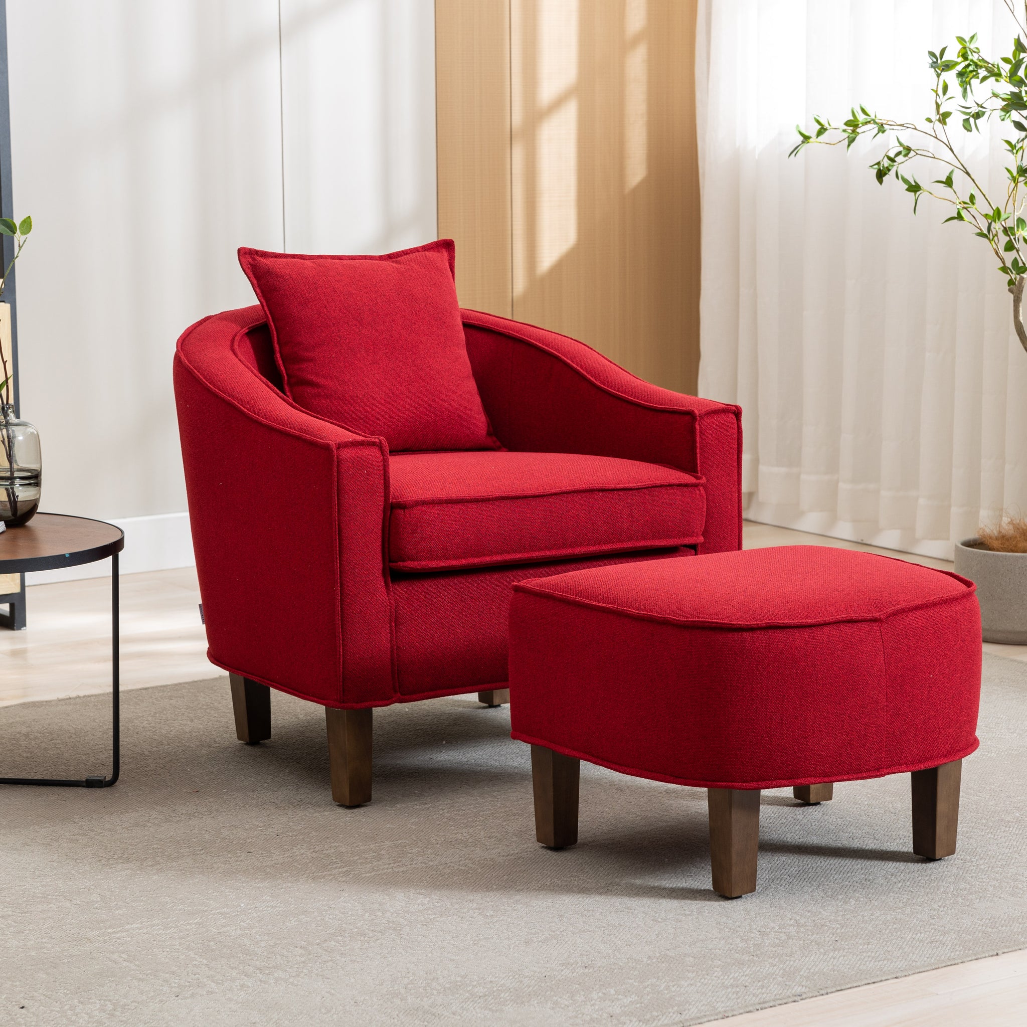 Coolmore Accent Chair With Ottoman, Mid Century Modern Barrel Chair Upholstered Club Tub Round Arms Chair For Living Room Red Linen