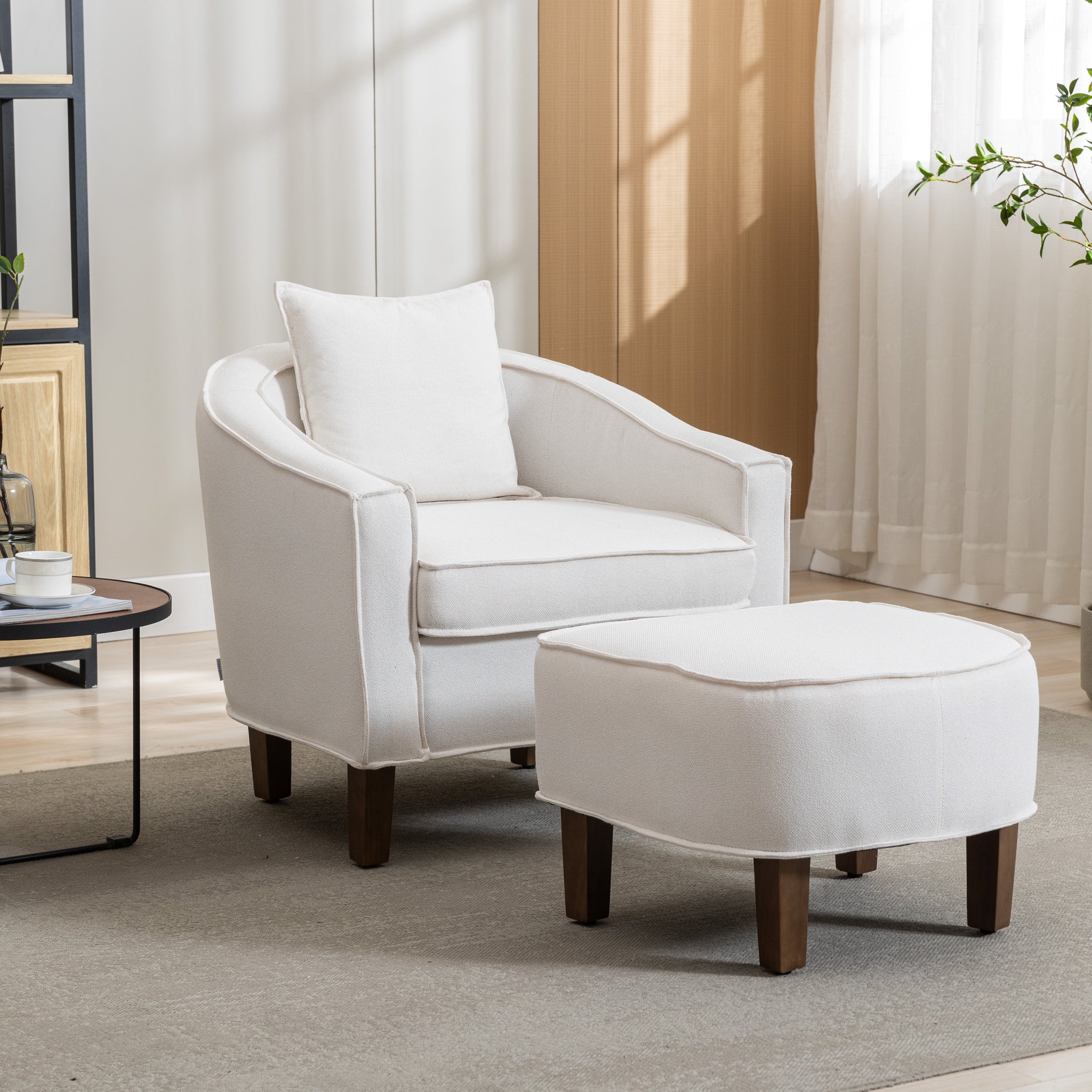 Coolmore Accent Chair With Ottoman, Mid Century Modern Barrel Chair Upholstered Club Tub Round Arms Chair For Living Room Beige Linen