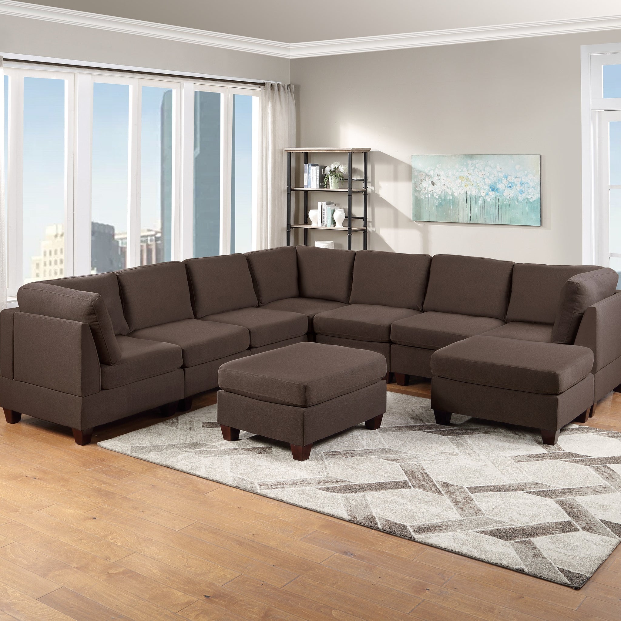 Modular Sectional 9Pc Set Living Room Furniture Corner Sectional Couch Black Coffee Linen Like Fabric 3X Corner Wedge 4X Armless Chairs And 2X Ottomans Coffee Wood Primary Living Space Cushion Back