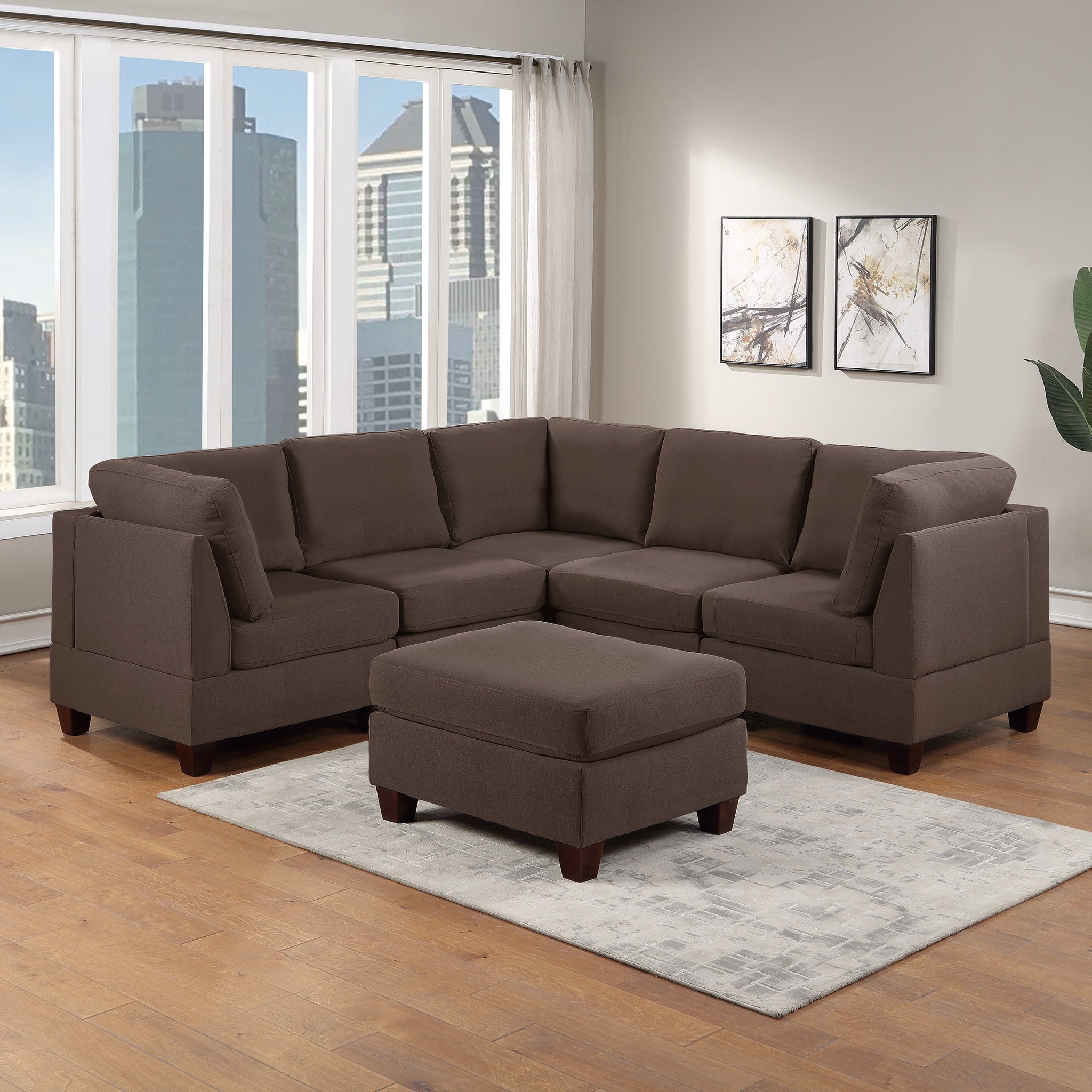 Modular Sectional 6Pc Set Living Room Furniture Corner Sectional Couch Grey Linen Like Fabric 3X Corner Wedge 2X Armless Chairs And 1X Ottoman Coffee Wood Primary Living Space Cushion Back