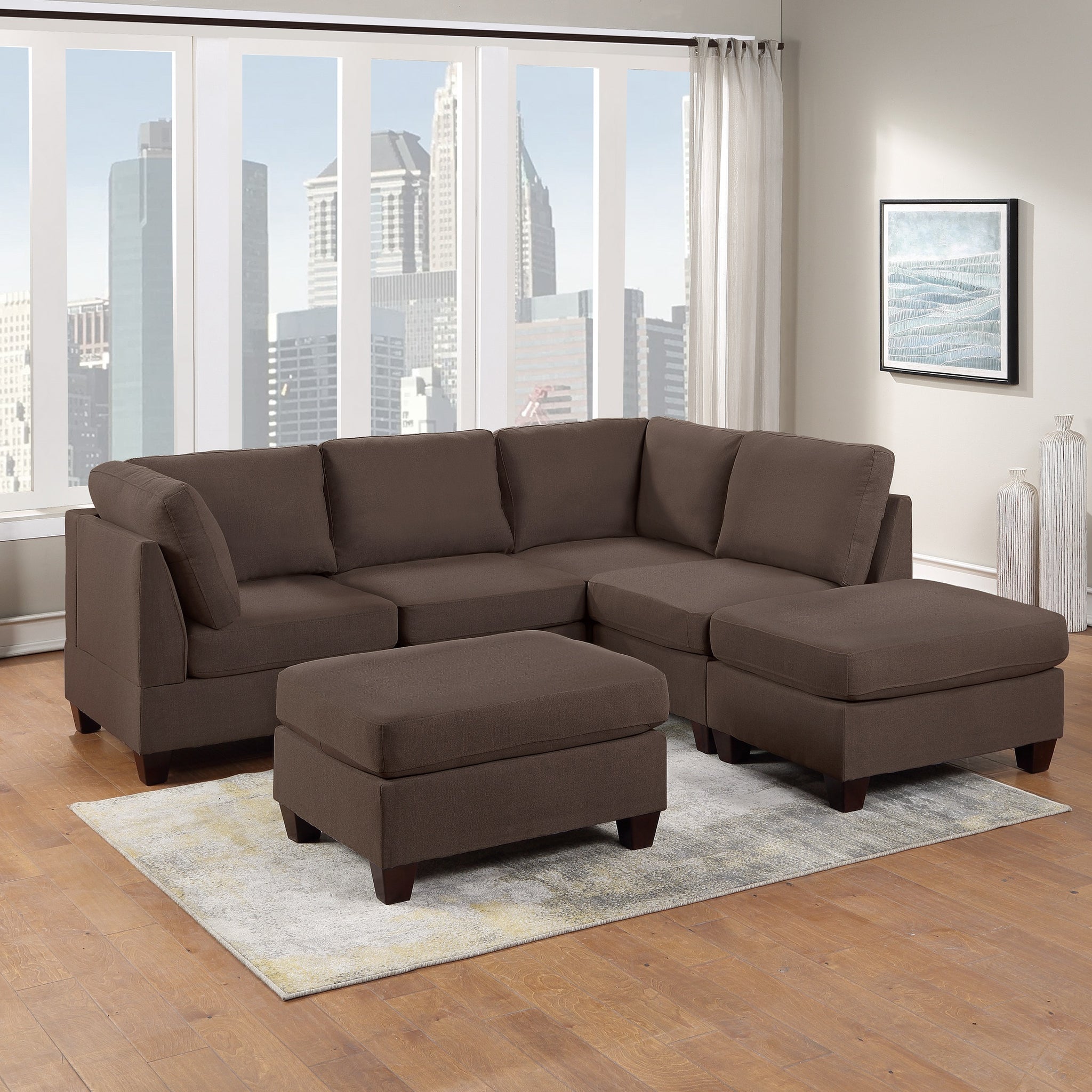 Modular Sectional 6Pc Set Living Room Furniture L Sectional Black Coffee Linen Like Fabric 2X Corner Wedge 2X Armless Chairs And 2X Ottomans Coffee Wood Primary Living Space Cushion Back