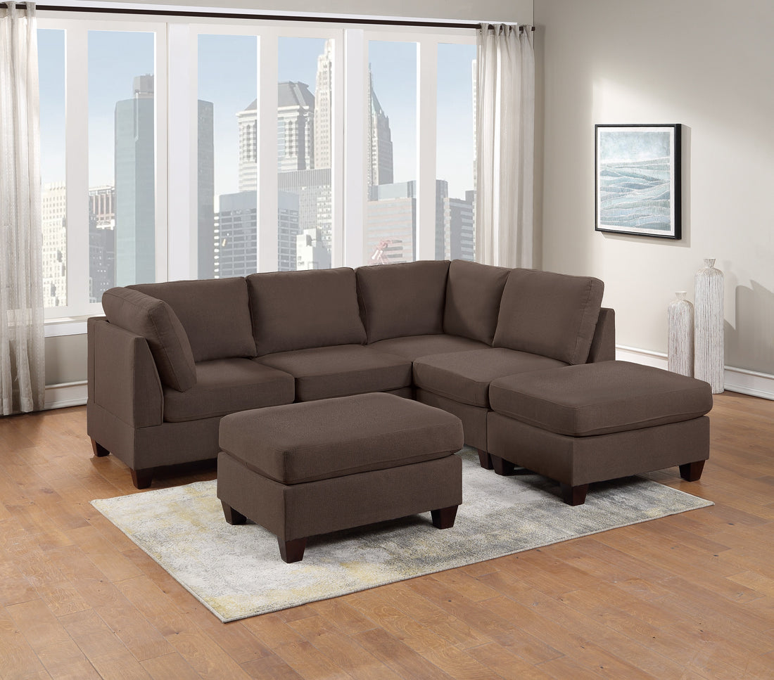 Modular Sectional 6Pc Set Living Room Furniture L Sectional Black Coffee Linen Like Fabric 2X Corner Wedge 2X Armless Chairs And 2X Ottomans Coffee Wood Primary Living Space Cushion Back