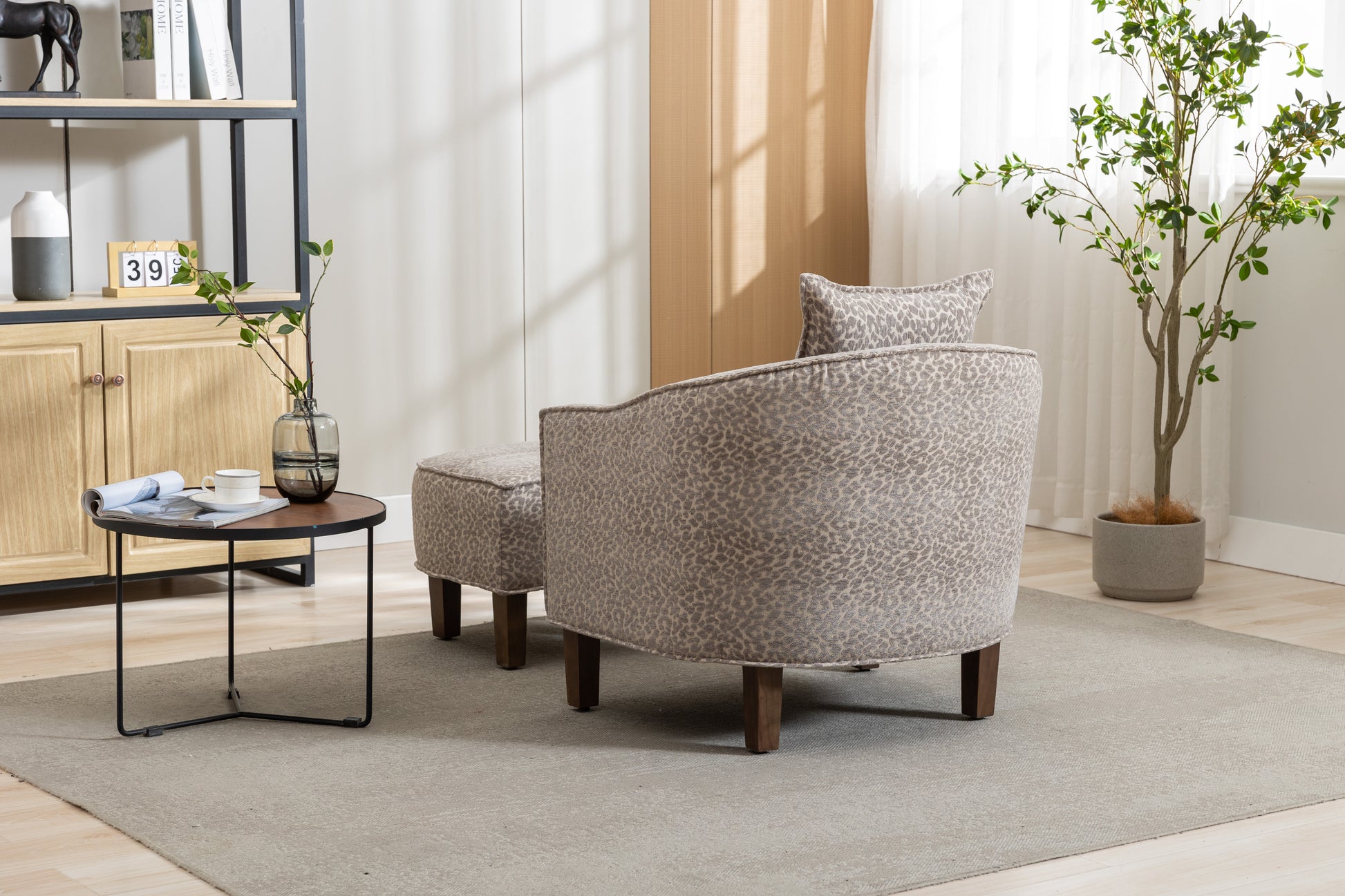 Coolmore Accent Chair With Ottoman, Mid Century Modern Barrel Chair Upholstered Club Tub Round Arms Chair For Living Room Leopard Gray Chenille